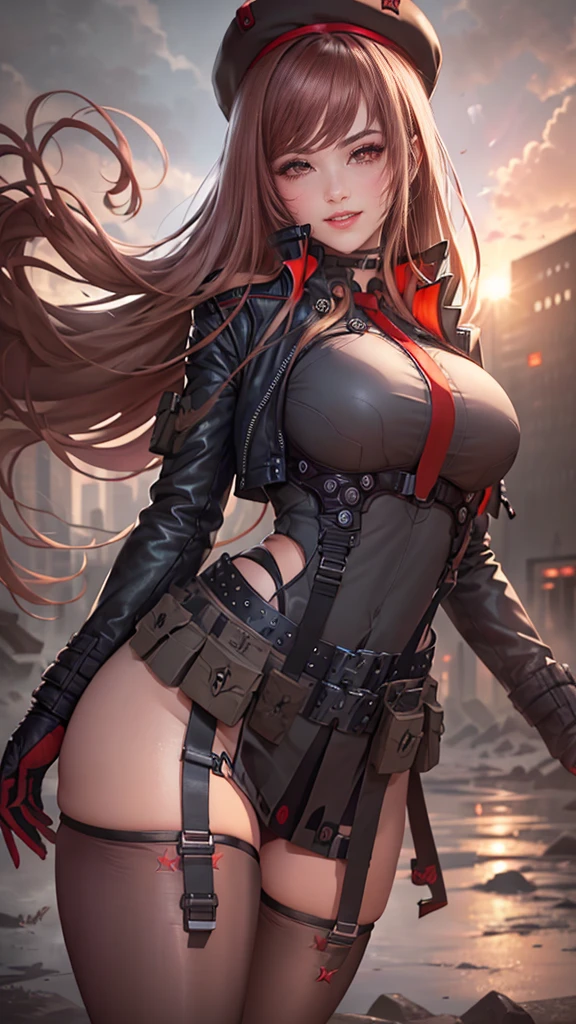 Rapi da nikke,(best quality, 4K,8k,high resolution,work of art:1.2)(weather: sunset), city ruins background, chemical facility, wide hips, long straight hair, brown hair, freckles, sleeveless leotard, belt, harness, tight micro skirt, thigh high stockings, high heels, elbow long fingerless gloves, beret, cleavage, light makeup, dark eyeshadow, blush, flirty pose, glowing eyes, ultra detailed,portrait,realistic,beautiful detailed red eyes, beautiful detailed lips,extremely detailed eye and face, long eyelashes,average, large breasts,flying hair,beaming smile, sexy smile, powerful girl, bright coloured, dramatic lighting,