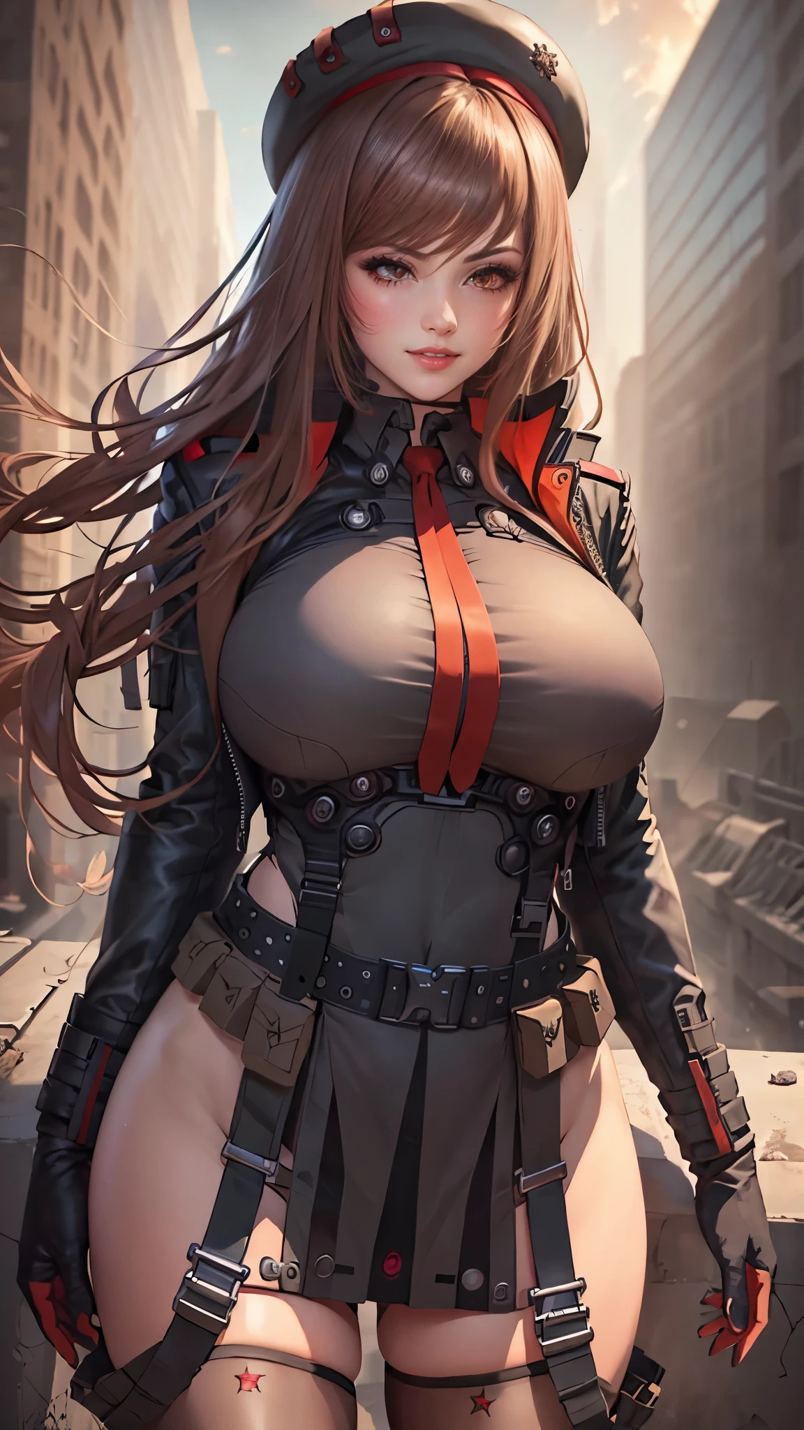 Rapi da nikke,(best quality, 4K,8k,high resolution,work of art:1.2)(weather: sunset), city ruins background, chemical facility, wide hips, long straight hair, brown hair, freckles, sleeveless leotard, belt, harness, tight micro skirt, thigh high stockings, high heels, elbow long fingerless gloves, beret, cleavage, light makeup, dark eyeshadow, blush, flirty pose, glowing eyes, ultra detailed,portrait,realistic,beautiful detailed red eyes, beautiful detailed lips,extremely detailed eye and face, long eyelashes,average, large breasts,flying hair,beaming smile, sexy smile, powerful girl, bright coloured, dramatic lighting,