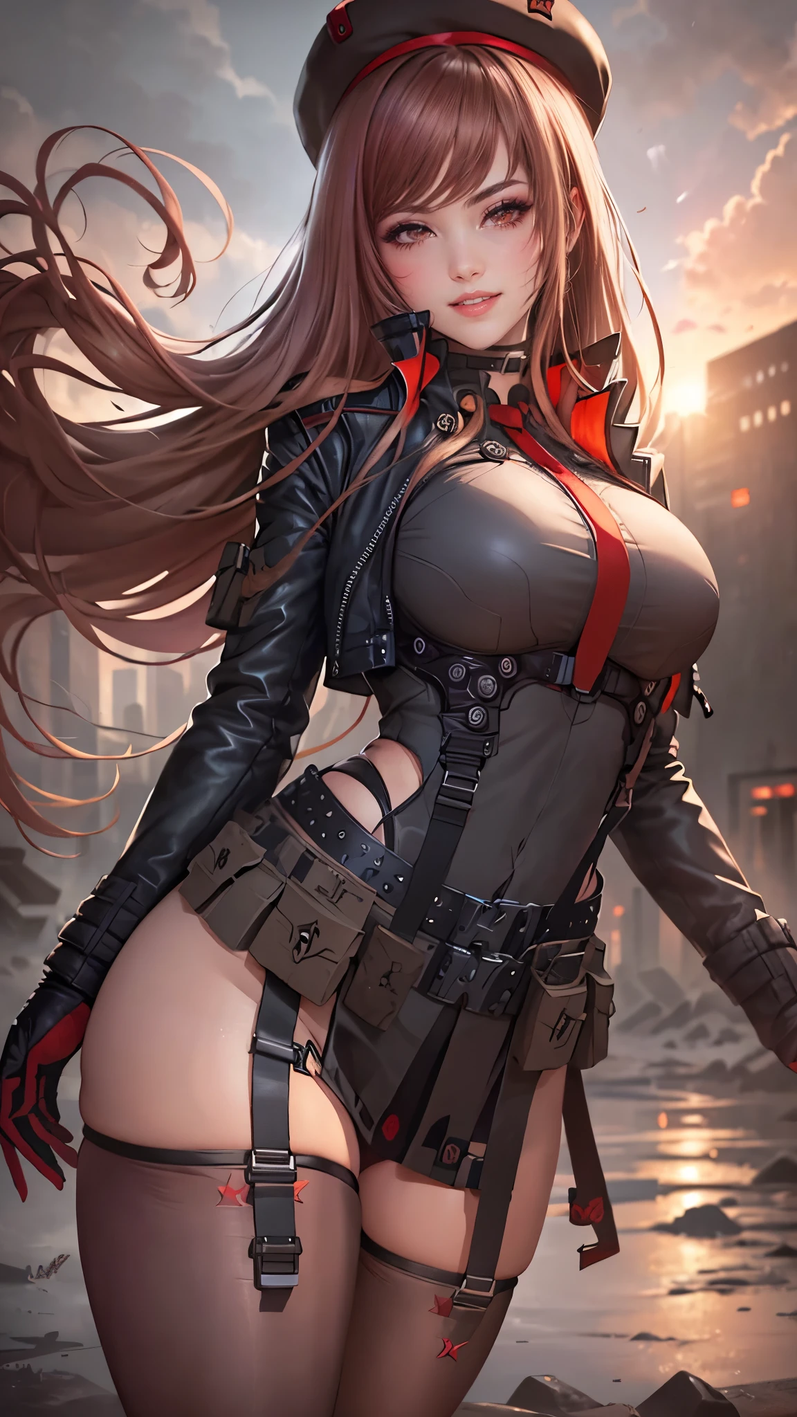 Rapi da nikke,(best quality, 4K,8k,high resolution,work of art:1.2)(weather: sunset), city ruins background, chemical facility, wide hips, long straight hair, brown hair, freckles, sleeveless leotard, belt, harness, tight micro skirt, thigh high stockings, high heels, elbow long fingerless gloves, beret, cleavage, light makeup, dark eyeshadow, blush, flirty pose, glowing eyes, ultra detailed,portrait,realistic,beautiful detailed red eyes, beautiful detailed lips,extremely detailed eye and face, long eyelashes,average, large breasts,flying hair,beaming smile, sexy smile, powerful girl, bright coloured, dramatic lighting,