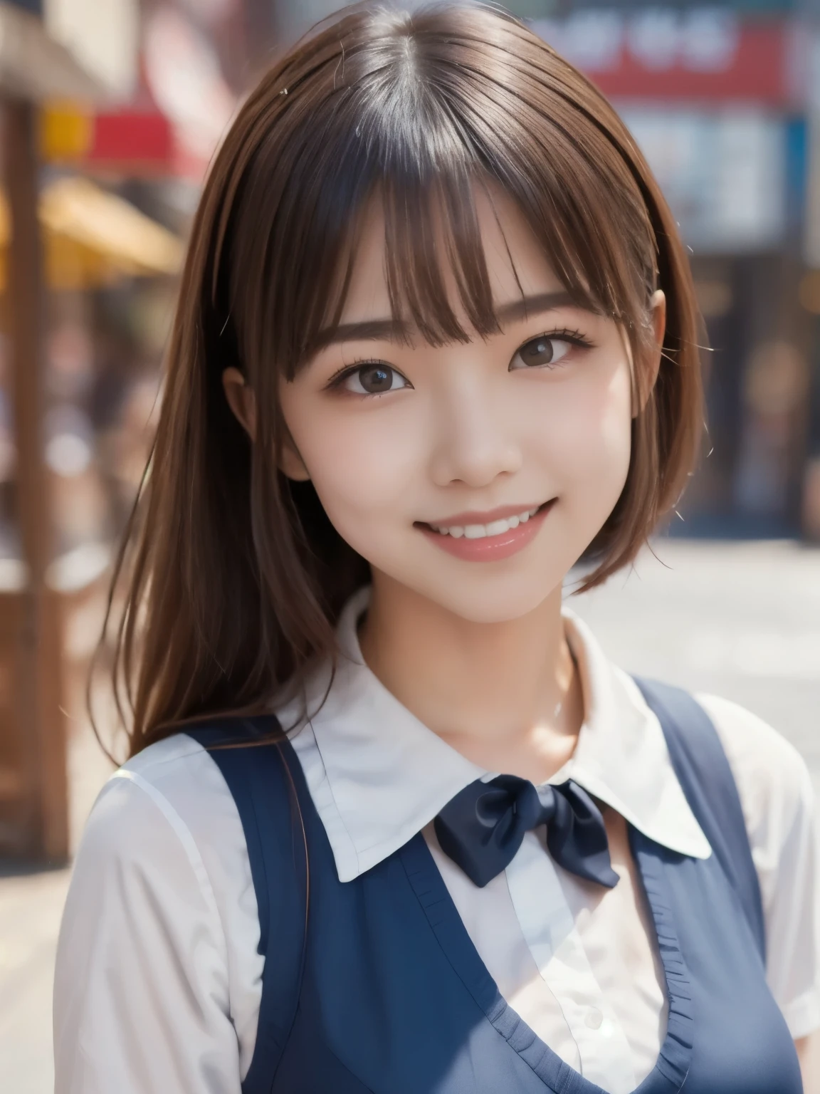 8k、Best Quality、Ultra Wide Angle Monofocal Lens  、(Representative Works:1.2)、( Genuine)、( Genuine:1.37)、One of the high school students、Beautiful teeth alignment、smile、Clasp your arms in front of you、Well-formed fingers、  ponytail、Shinjuku、(  cute uniform)、Big Breasts、Gravure photoshoot、Perfect fingers、Beautiful Skin、 Professional Lighting 、Face and skin detail 、Microparticles、 RAW photo