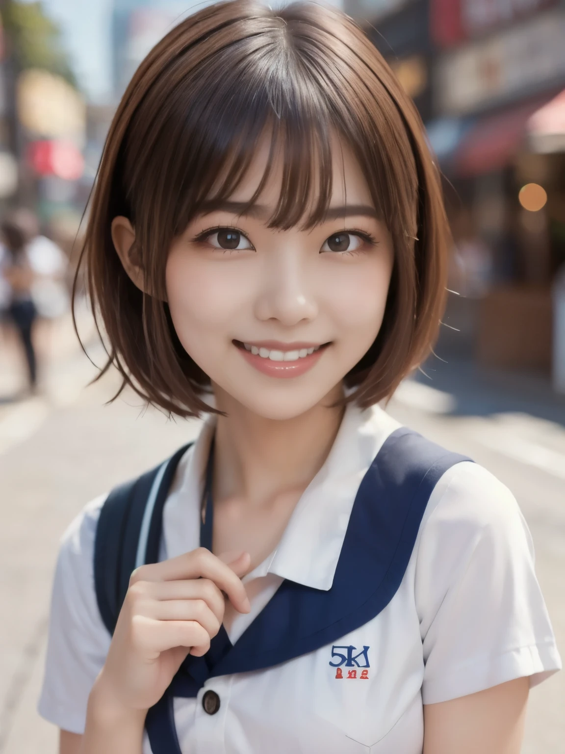 8k、Best Quality、Ultra Wide Angle Monofocal Lens  、(Representative Works:1.2)、( Genuine)、( Genuine:1.37)、One of the high school students、Beautiful teeth alignment、smile、Clasp your arms in front of you、Well-formed fingers、  ponytail、Shinjuku、(  cute uniform)、Big Breasts、Gravure photoshoot、Perfect fingers、Beautiful Skin、 Professional Lighting 、Face and skin detail 、Microparticles、 RAW photo