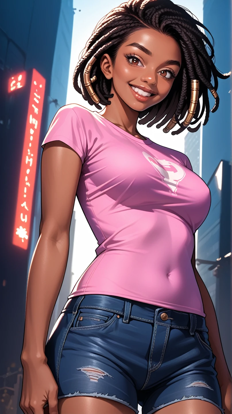 8k,   high quality  ,  Hyper realistic super detailed sexy, 2b,   short hair,  (detailed lighting,   Extremely detailed skin  ,   Extremely Detailed Hair  , shadows, 8k),  dreadlock black hair looking at the viewer  , (  high contrast lighting  ); (wide smile) . ((( pink tank top t-shirt and very short denim shorts)))，High cut，((Low - Angle，The camera is between the thighs，  Angle to look up to be able to see the ceiling，))，（From directly below  :1.7），Full leg ,  full leg ,(( da mais   high quality  , Wonderful,8k, masterpiece :1.3)), (realistic,   photorealistic  :1.4),（   very thin and beautiful skin ,Dark skin,  light brown eyes   ），super detailed,  cinematic lighting  , detailed light, best shade,   dynamic angle in the city  （From directly below  :1.1）,between the legs:1.5，  Super big breasts  :1.6,  grand opening,   Professional lighting  ,intricate, bokeh effect,   cinematic lighting  
