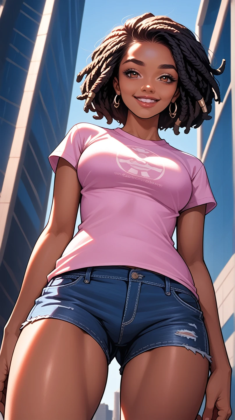 8k,   high quality  ,  Hyper realistic super detailed sexy, 2b,   short hair,  (detailed lighting,   Extremely detailed skin  ,   Extremely Detailed Hair  , shadows, 8k),  dreadlock black hair looking at the viewer  , (  high contrast lighting  ); (wide smile) . ((( pink tank top t-shirt and very short denim shorts)))，High cut，((Low - Angle，The camera is between the thighs，  Angle to look up to be able to see the ceiling，))，（From directly below  :1.7），Full leg ,  full leg ,(( da mais   high quality  , Wonderful,8k, masterpiece :1.3)), (realistic,   photorealistic  :1.4),（   very thin and beautiful skin ,Dark skin,  light brown eyes   ），super detailed,  cinematic lighting  , detailed light, best shade,   dynamic angle in the city  （From directly below  :1.1）,between the legs:1.5，  Super big breasts  :1.6,  grand opening,   Professional lighting  ,intricate, bokeh effect,   cinematic lighting  
