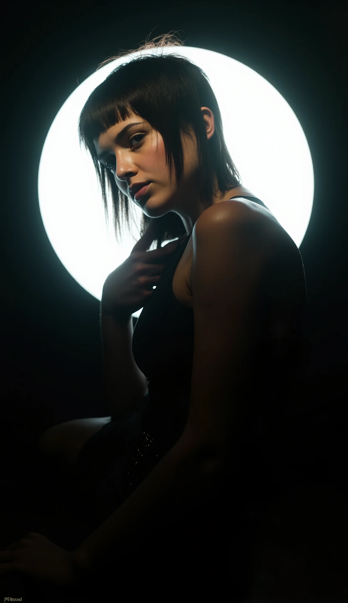 A photo of punk female, a white circle behind it is illuminated in the style of light from inside, black background, 90s aesthetic, film grain, color negative, suspense, nightshot photography