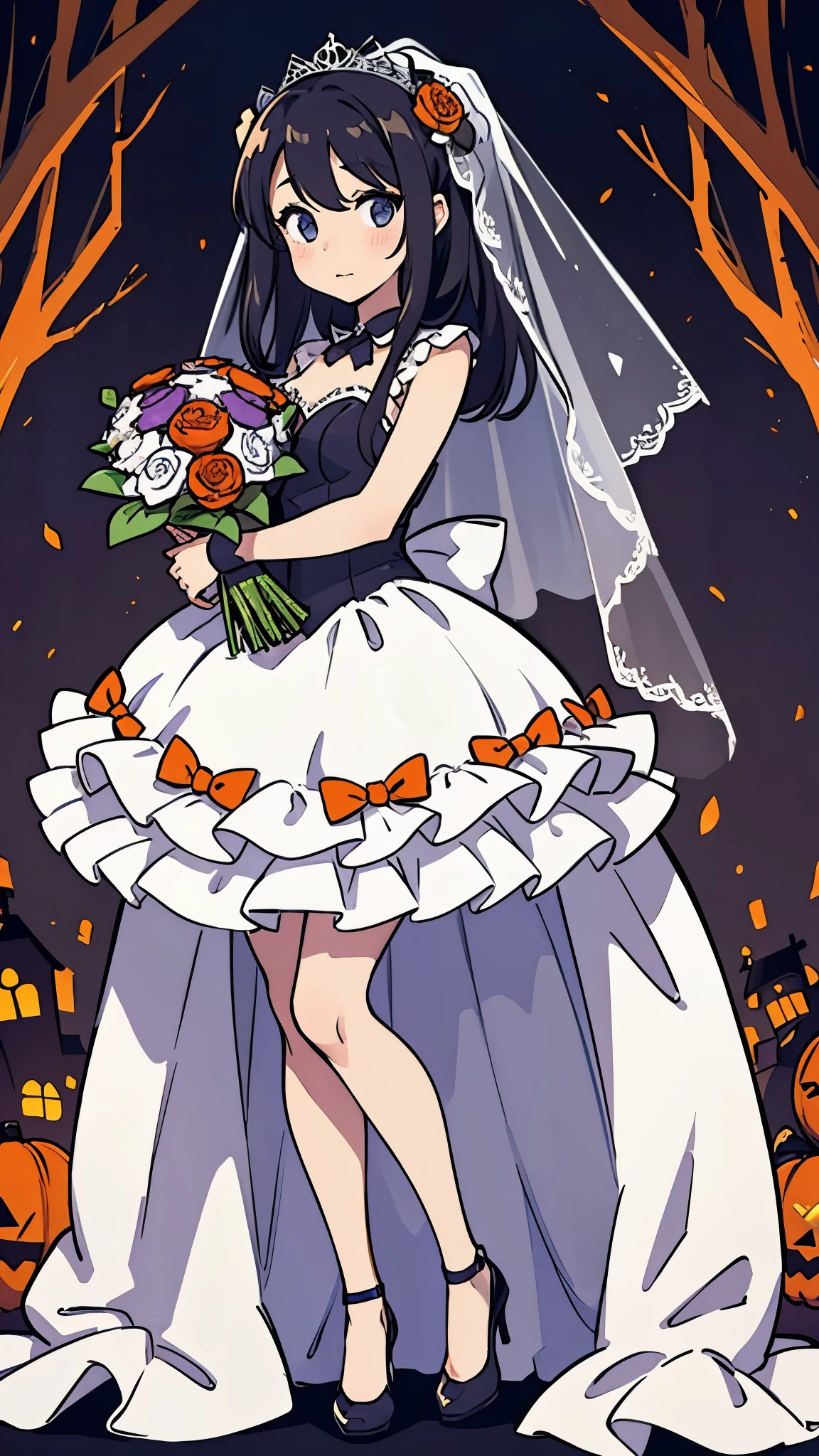 Halloween,bride, prom dress,cute veil ,Holding a bouquet,Droopy eyes,Upright full body