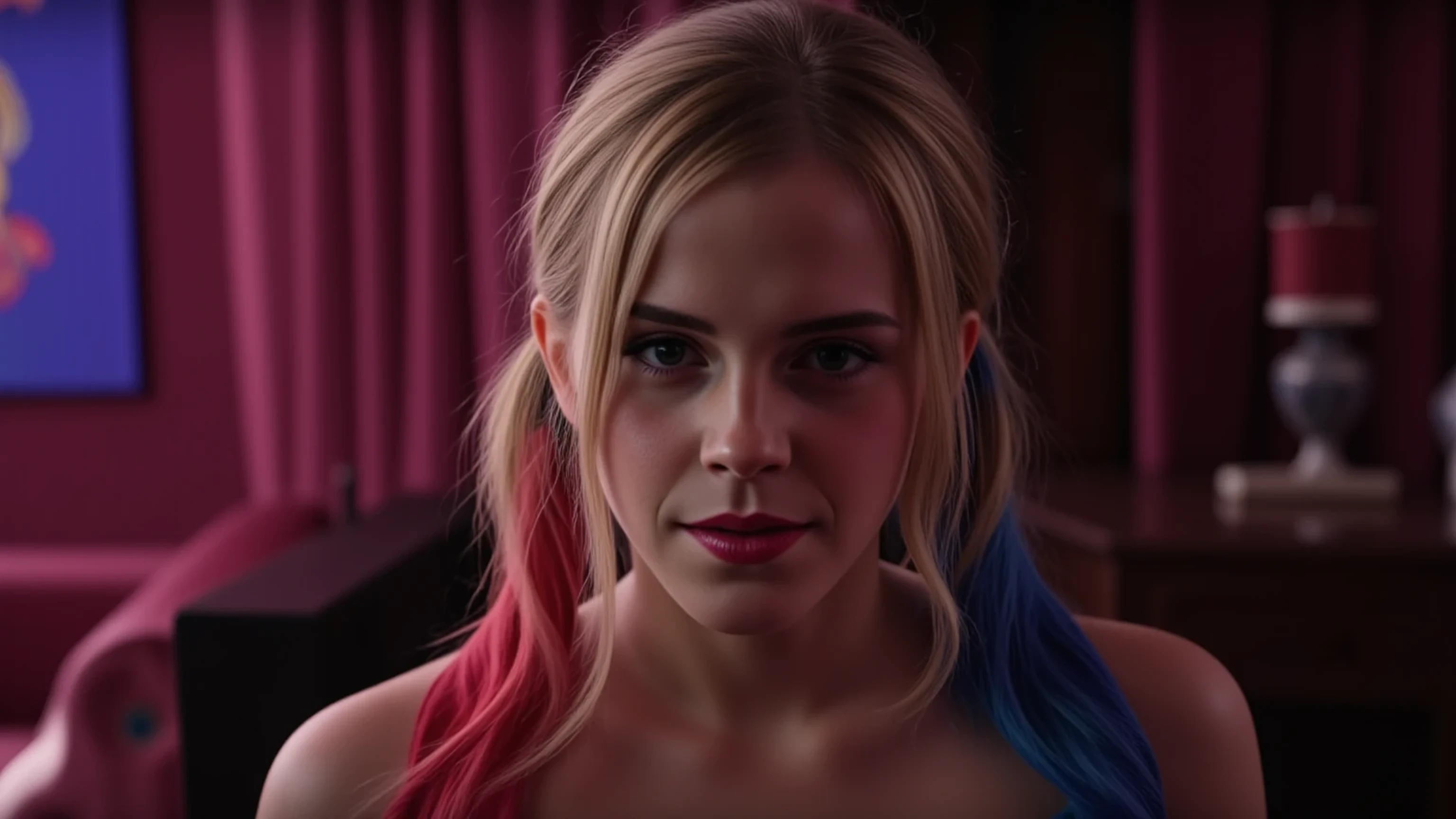 (masterpiece, best quality:1.2), closeup of Emma Watson dressed as Harley Quinn, red and blue pigtails, sexy smirk, masterpiece, 8k, best quality, ultra-detailed, sharp focus, physically-based rendering, vivid colors, cinematic lighting, dramatic shadows, moody lighting 