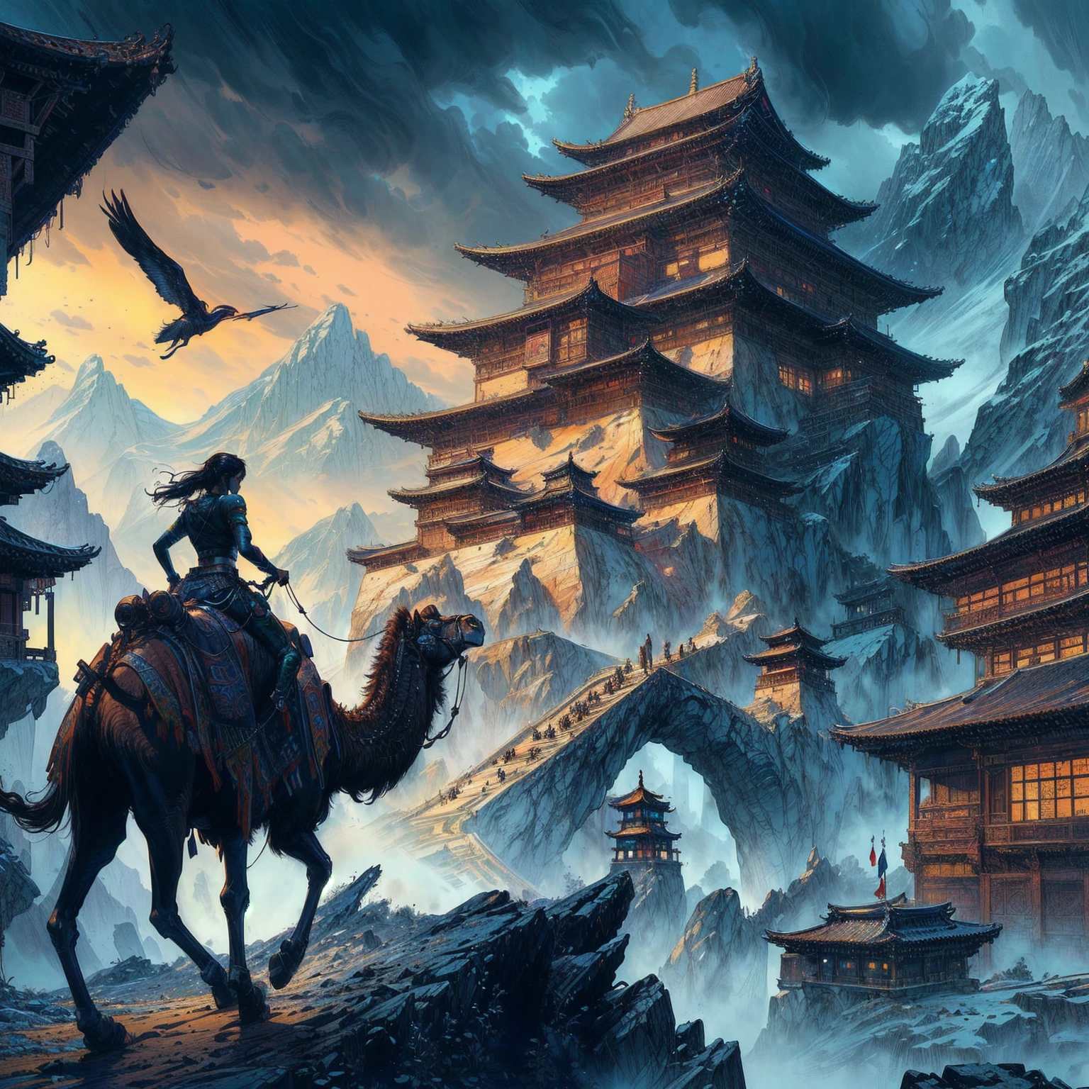 Lara Croft riding a camel in front of a mountain with a pagoda in the background, cyberpunk chinese ancient castle, by Kerembeyit, highly detailed fantasy art, inspired by Kerembeyit, illustration matte painting, 4k fantasy art, by Johfra Bosschart, symmetrical epic fantasy art, high fantasy matte painting, chinese fantasy, epic fantasy art style