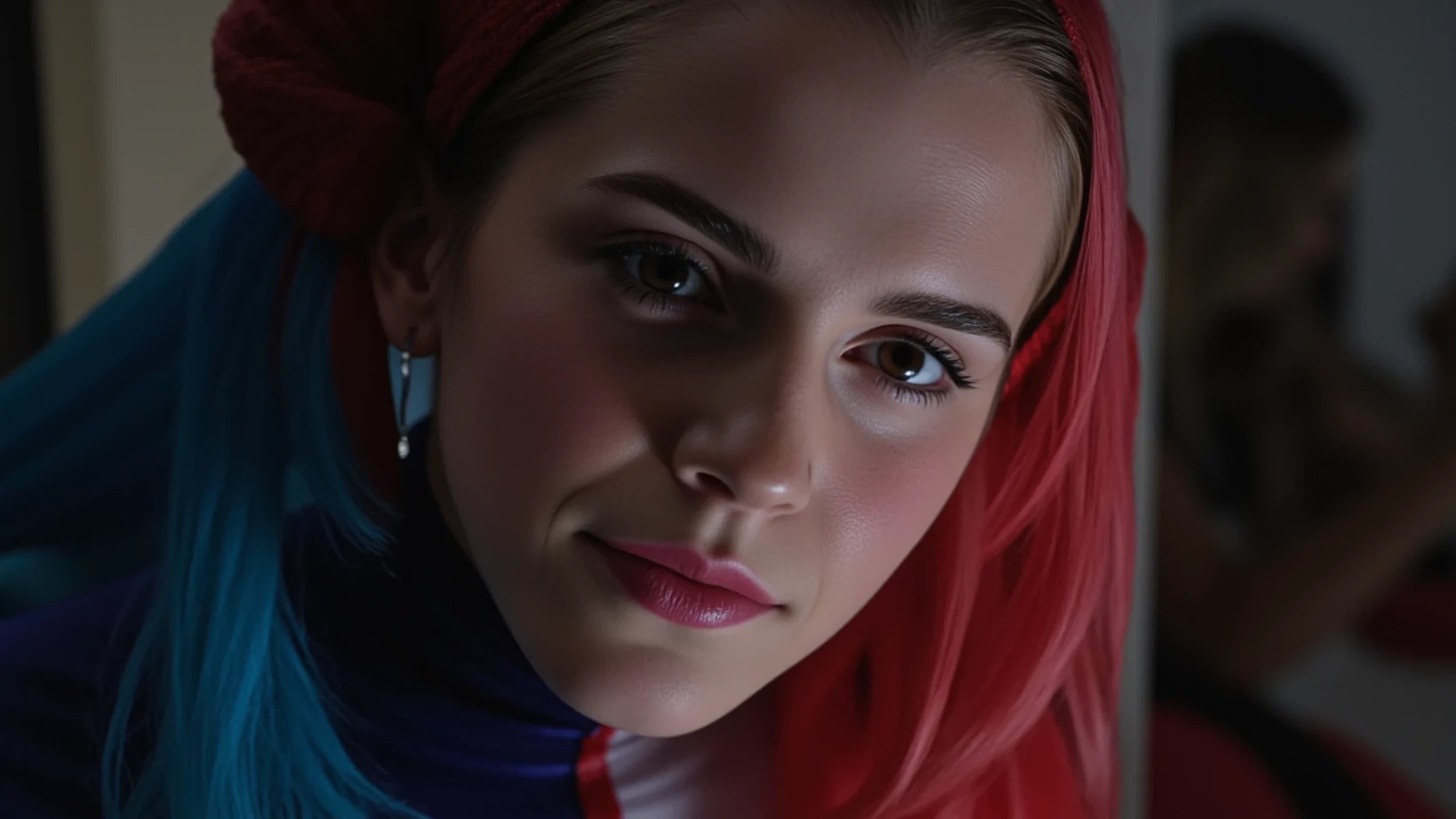 (masterpiece, best quality:1.2), closeup of Emma Watson dressed as Harley Quinn, red and blue pigtails, sexy smirk, masterpiece, 8k, best quality, ultra-detailed, sharp focus, physically-based rendering, vivid colors, cinematic lighting, dramatic shadows, moody lighting 