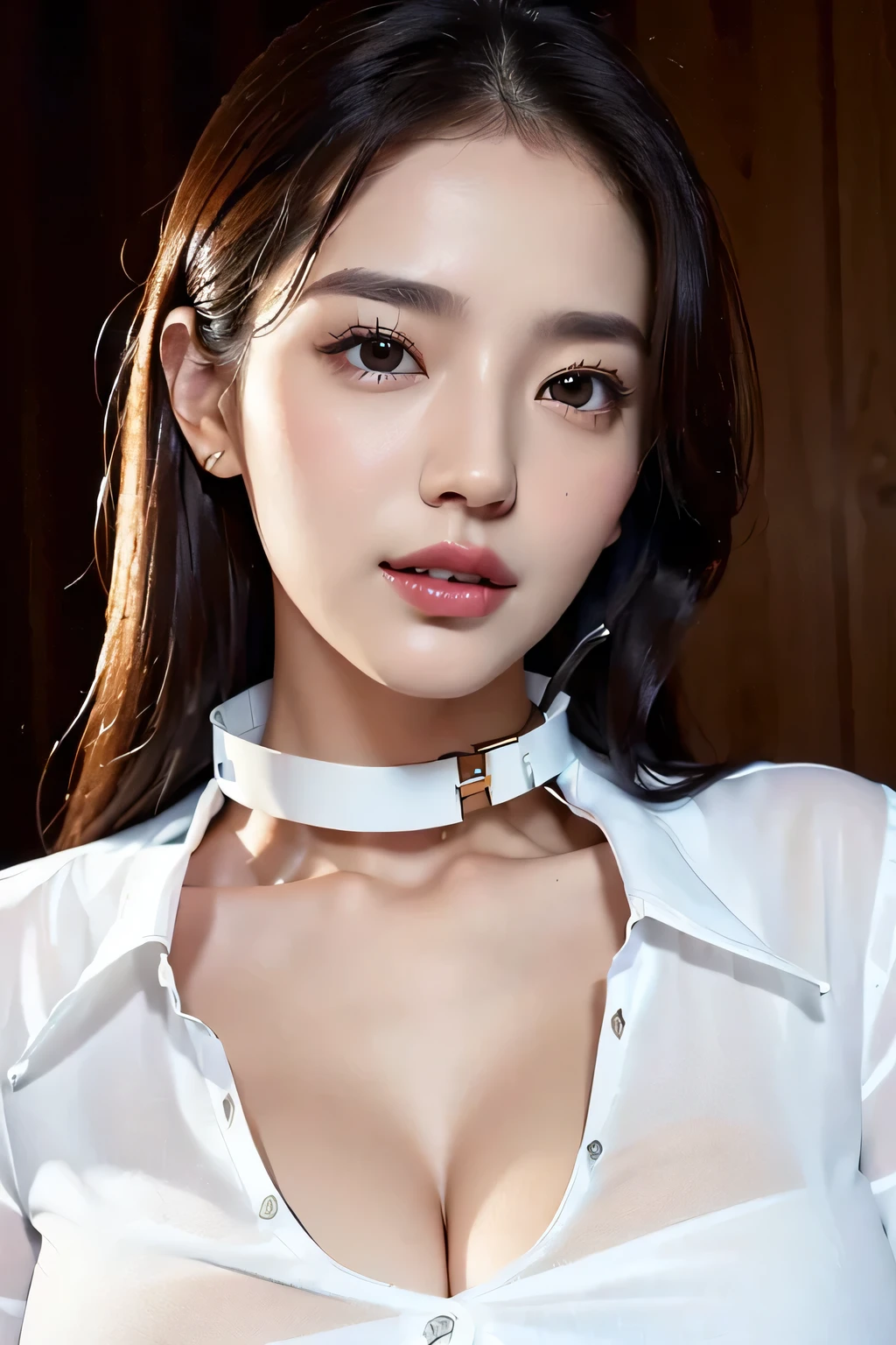 (((White shirt with a collar that kicks skin on her chest :1.7))),((( A mature woman who opens her chest and is bewitching her big breasts:1.3))), looking at camera ,Red face,Pointed red mouth, perfect body line,Beautiful clavicle、 Detailed clothing features ,Detailed hair features, Detailed Facial Features , looking at camera , Digital Illustration , SLR Camera ,The contrast between light and shadow expresses the theme three-dimensionally ,(8K quality,Anatomically correct facial structure,),( image mode ultra HD ,)