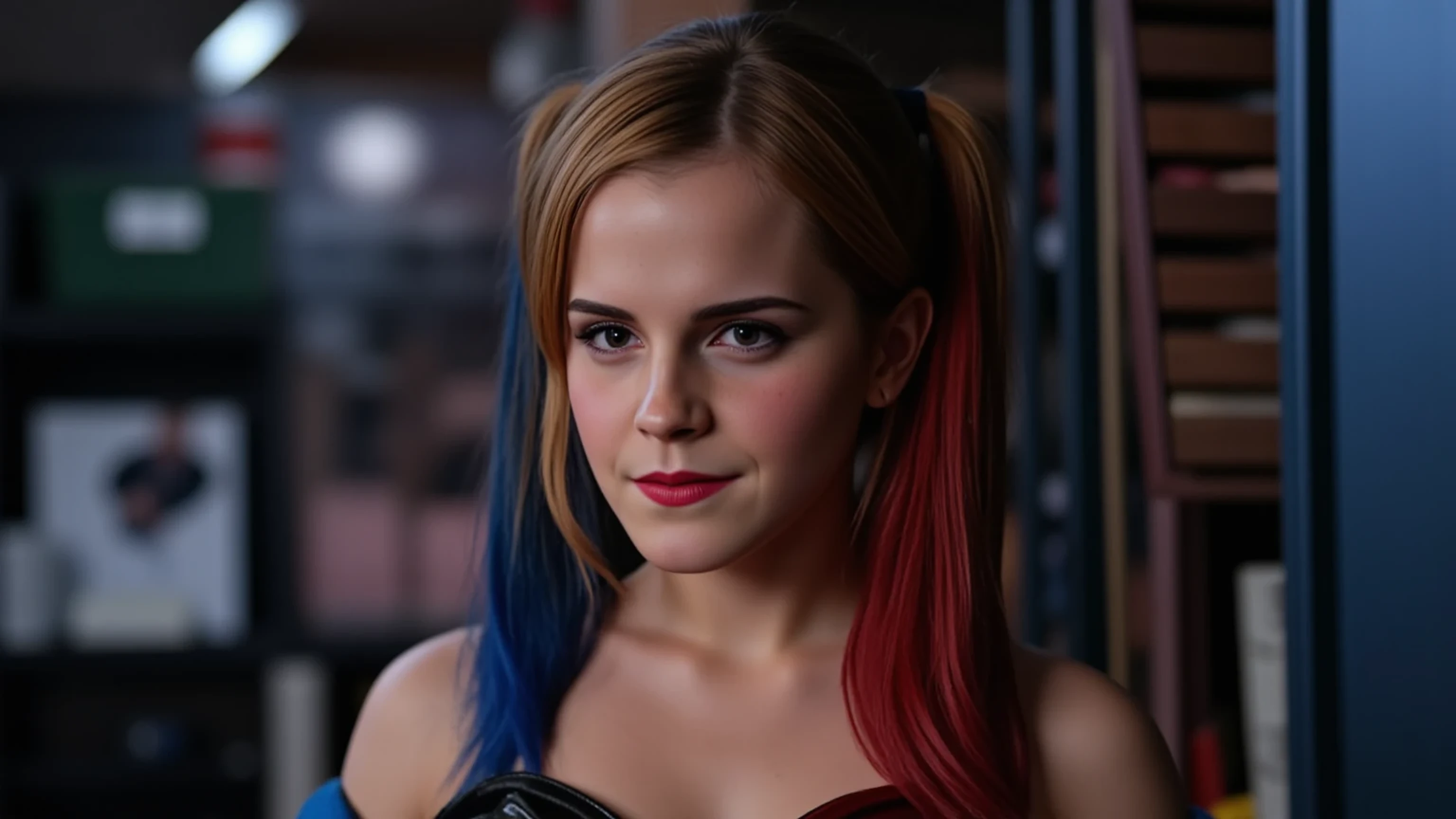 (masterpiece, best quality:1.2), closeup of Emma Watson dressed as Harley Quinn, red and blue pigtails, sexy smirk, masterpiece, 8k, best quality, ultra-detailed, sharp focus, physically-based rendering, vivid colors, cinematic lighting, dramatic shadows, moody lighting 