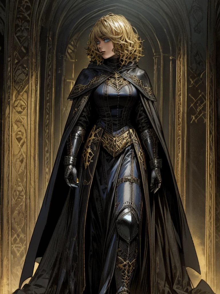 An adult vampire wizard character wearing a very detailed and beautiful gothic armor in black color. Your hair with short style cut, black lip color, blue eyes, cloak, hood, walking, 8k, Magnificent, Black Gothic armor, layer, Golden hair color. Golden blonde hair.