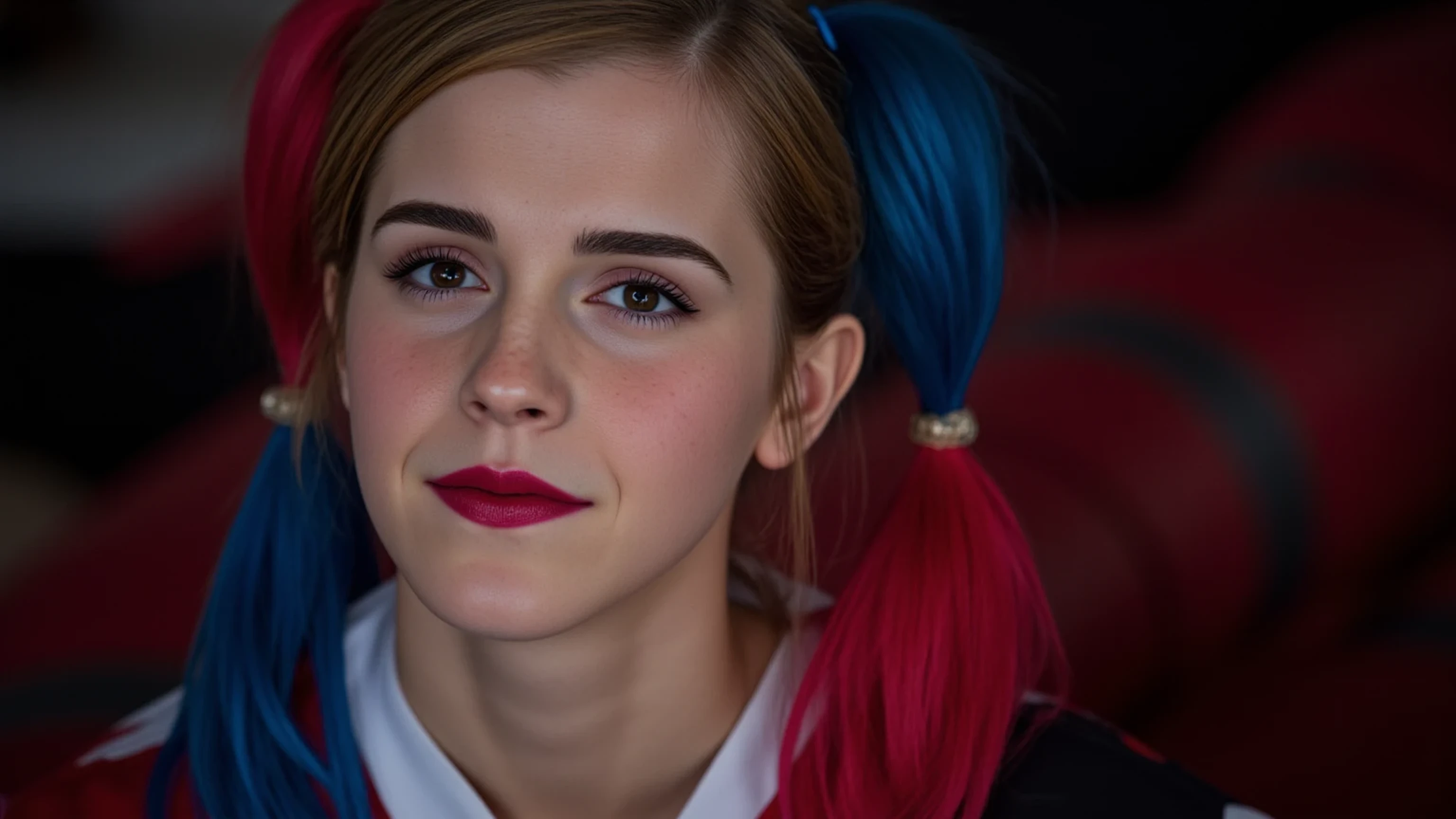 (masterpiece, best quality:1.2), closeup of Emma Watson dressed as Harley Quinn, red and blue pigtails, sexy smirk, masterpiece, 8k, best quality, ultra-detailed, sharp focus, physically-based rendering, vivid colors, cinematic lighting, dramatic shadows, moody lighting 