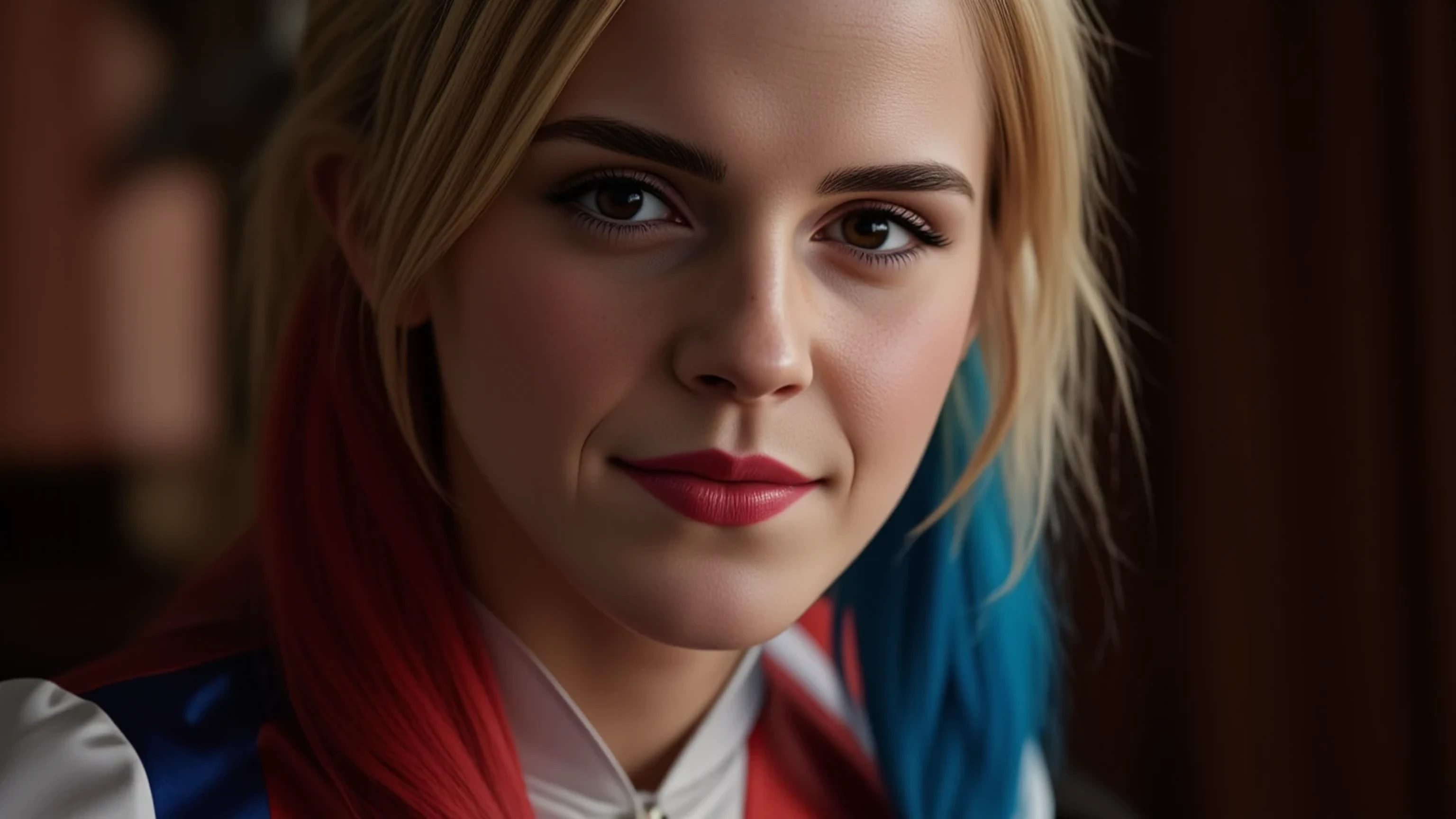 (masterpiece, best quality:1.2), closeup of Emma Watson dressed as Harley Quinn, red and blue pigtails, sexy smirk, masterpiece, 8k, best quality, ultra-detailed, sharp focus, physically-based rendering, vivid colors, cinematic lighting, dramatic shadows, moody lighting 