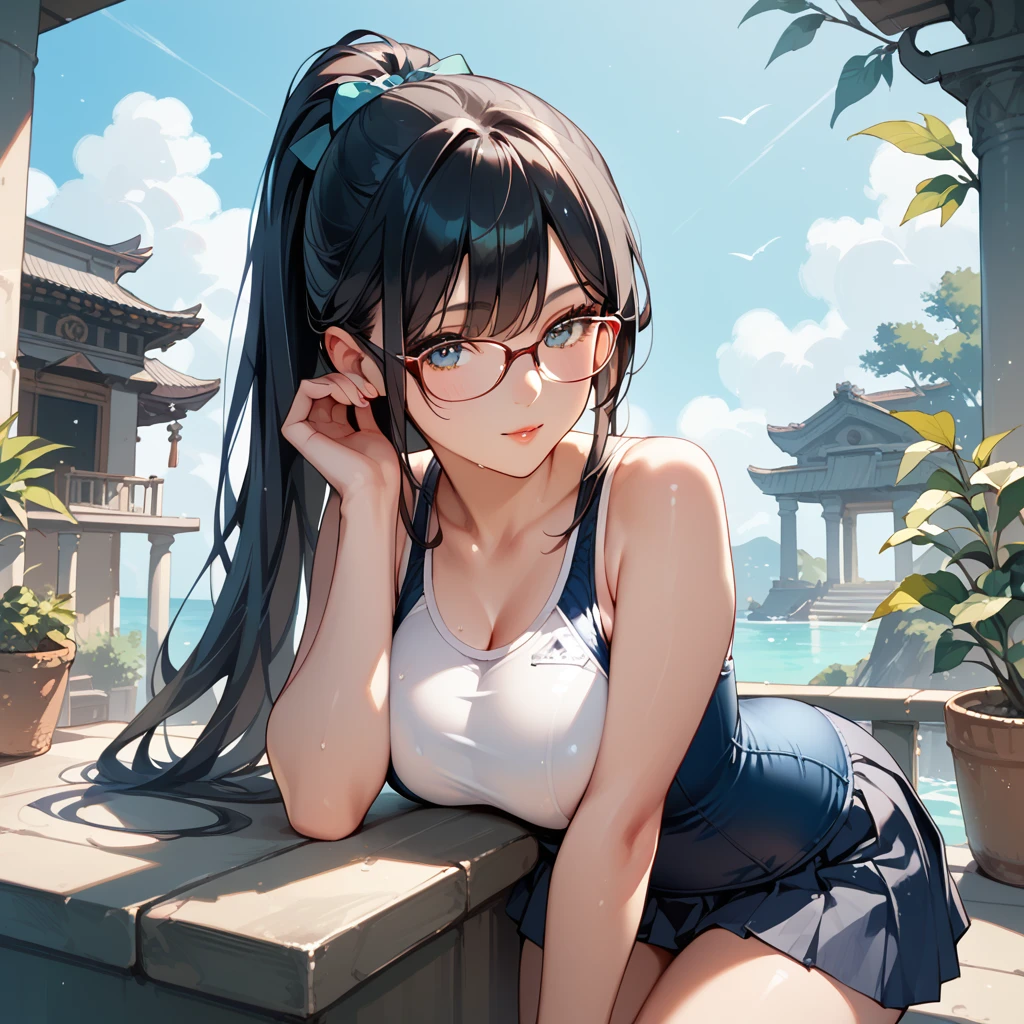 Black Hair,  long hair, ponytail,Glasses,White school swimsuit,Navy Skirt, big breasts at the temple,