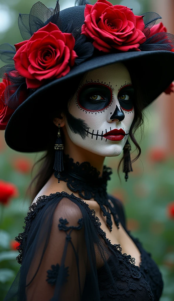  realistic intricate sensual photography bigboods Catherina Mexico Day of the Dead ,  with gothic art style hat , dark lights, Shadows low light Gaussian blur  , by Luis Royo Marta Nael 