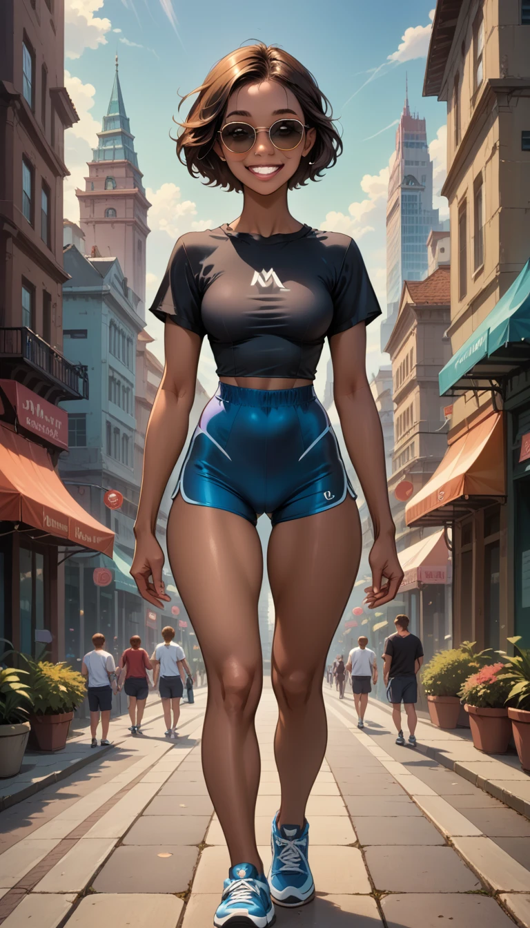 highly detailed, 8k, masterpiece, 1 Beautiful girl, masterpiece, super-realistic, black teenager, Dark skin, delicate face, beautiful face ,  perfect body , harmony, (( in front of a building  )), (( loose long brown hair )), ((( wearing a tight black blouse  ))), ( very short blue fitness shorts), sunglasses , full legs , strong thighs, smiling, (city),  sunny day 
