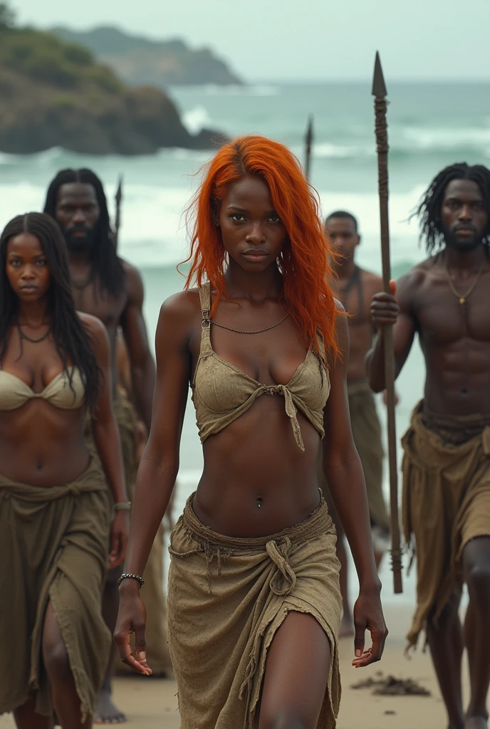 A handsome female with an extremely long orange-haired lady and light brown skin, dressed in a small green loincloth and covered in blood. Crossing a wild blood river