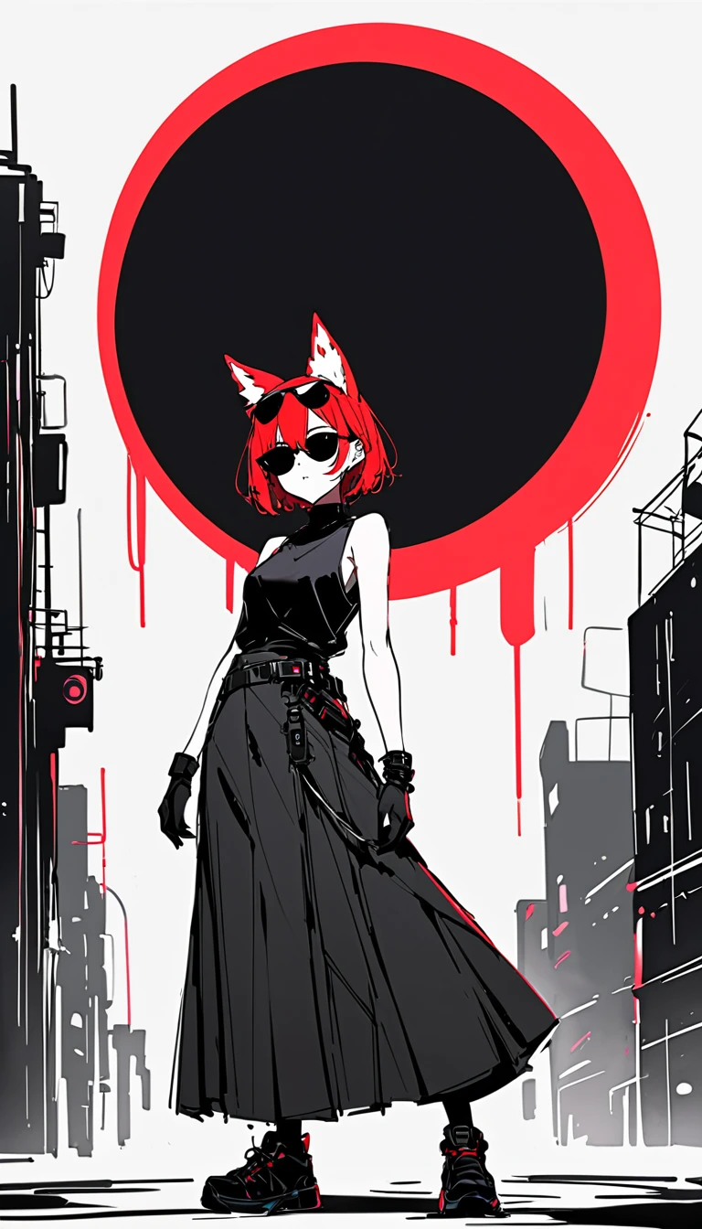 (( concrete metropolis)).。A black hole in the back 。eyebrow。((Decadent and dark vibe )) High image quality 。((Alone)) ((Simple line drawing))。((sketch)).Stylish pose。((Black sunglasses。big fox ears))。Droopy eyes。(Red Hair Short Hair )。Bad mood。((woman))。 cyberpunk black sleeveless outfit. cowboy shot。 cyberpunk red long skirt  。full body。