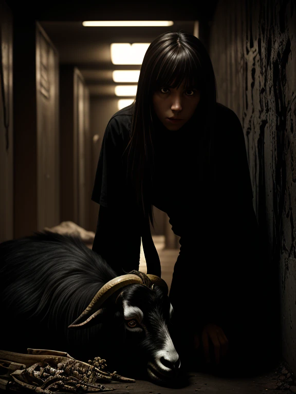 (best lighting, high contrast, dark, dramatic), (Brunette girl next to a giant black goat, autopsy, human bones, blood on the walls). ultra realistic, excellent quality