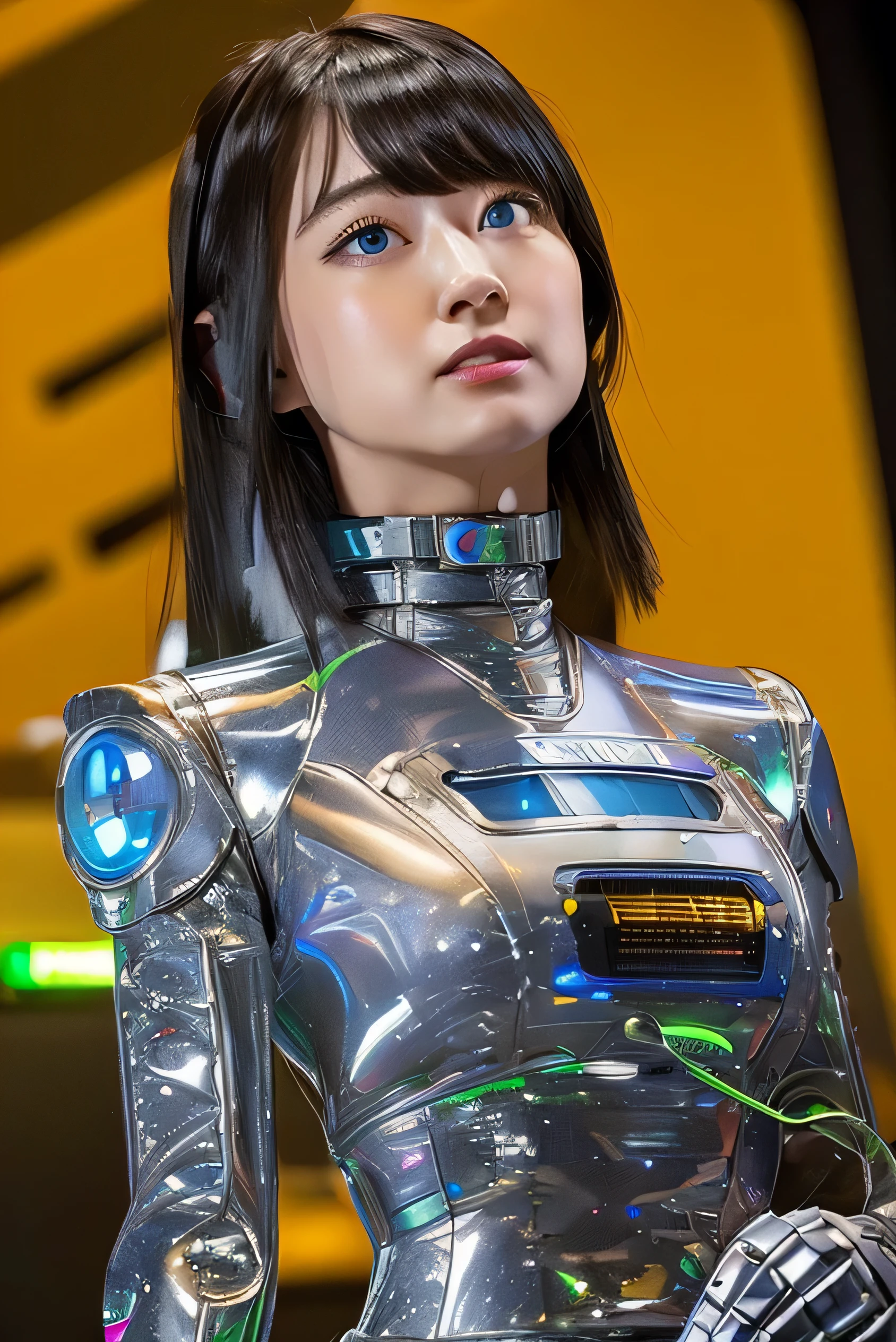 masterpiece, best quality, extremely detailed,  Japaese android girl,Plump , control panels,android,Droid,Mechanical Hand, Robot arms and legs, Black Robot Parts,Black hair,Mechanical body,Blunt bangs,White robotics parts,perfect robot girl,future information counter,reception,long tube,thick cable connected her neck,ceramic body ,mechanical body,mechanical costume,android,robot,humanoid,cyborg,information office,japanese android receptionist ,mechanical chest,blue eyes,office-lady