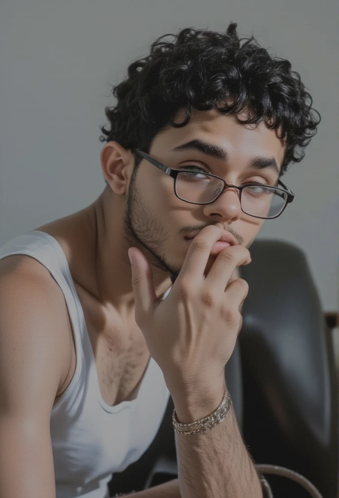 Bufonese gently touching his face, appearing pensive and subtly alluring, androgynous pose. Portrait photograph, soft and natural style, slightly chubby, beard, wearing glasses. Inspired by the aesthetic of korean fashion photography. Soft natural lighting, slightly diffused, emphasizing the subject's skin texture and hair shine, shallow depth of field blurring the background, neutral background to focus attention on the subject, natural skin tones with a slight cool undertone,  image is sharp and well-lit,  focus is on the eyes and face.