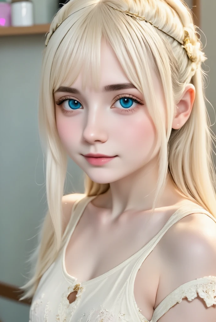 ((Unusual beautiful girl))、Scandinavian actress、 blue eyes 、((  Detailed Face ))、 platinum blonde 、 Silky Hair、 straight hair、 ponytail、masterpiece、Bangs between the eyes、 Hair above the eyes 、片 Hair above the eyes -顔の髪、Water Spirit、Blonde reflection、眩しいハイライトが入った platinum blonde の髪、Bright and shiny hair,、One small necklace、 small earrings 、 slim body 、Small breasts、 thin waist、 small hips 、Thin legs、はにかんだsmile、Long Hair、(( attractive poses at random angles))、  natural makeup、 pink eyeshadow 、 Attractive Big Eyes 、(( blue eyes ))、 so beautiful, ((Adorable and cute))、((perfect white skin texture ))、 long eyelashes , teeth,  multi color , Internal hair color, Hair Clip,  for moles under eyes, Obnoxious Students , Hollow Eyes, Hollow Eyes,  pupils open,  Heart-shaped pupils, smile, shadow, Anaglyph,  Written Boundary Depth,  motion blur, brightness, Color Field Painting,  anime style, 8k,   super detail, Best Quality,  ultra high resolution, 8k、Blurred Background、(( Rainbow Gradients in the Background ))