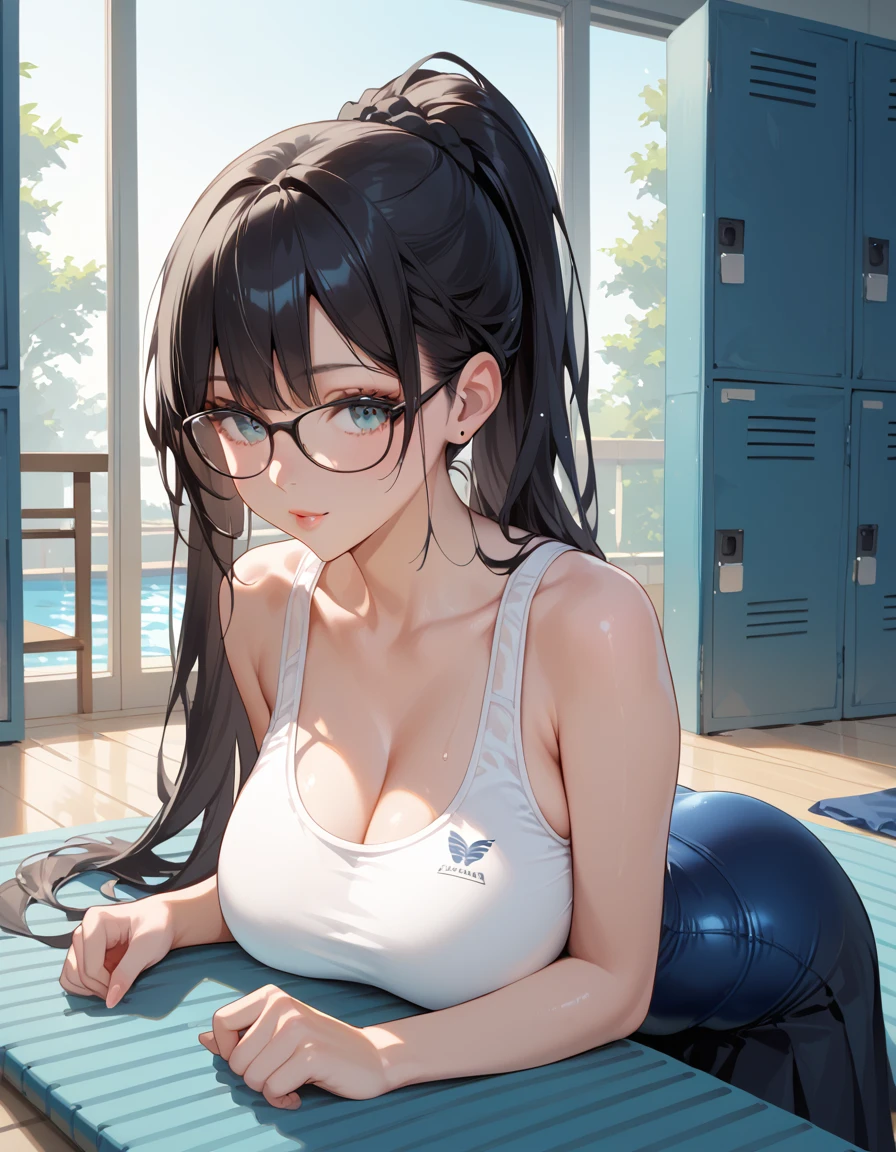 Black Hair,  long hair, ponytail,Glasses,White school swimsuit,Navy long skirt, big breasts at the temple,locker room,Lie on your back on the mat