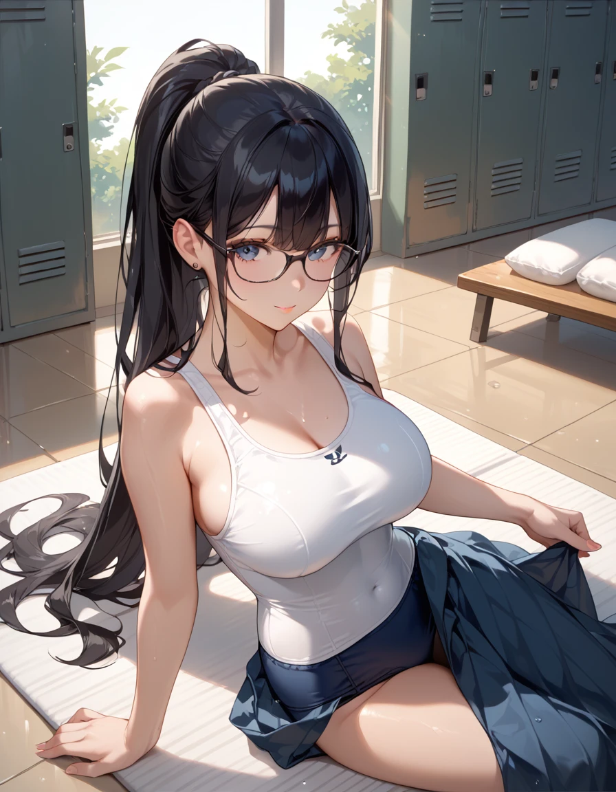 Black Hair,  long hair, ponytail,Glasses,White school swimsuit,Navy long skirt, big breasts at the temple,locker room,Lie on your back on the mat