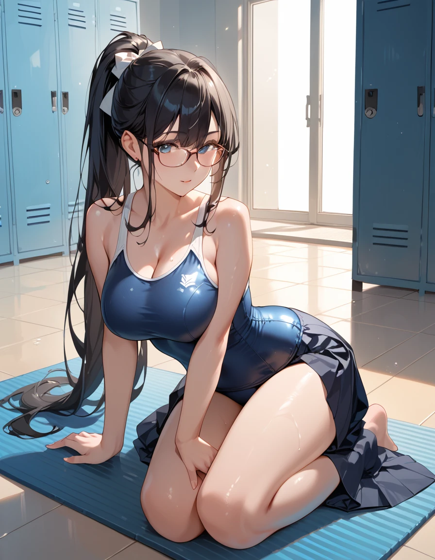 Black Hair,  long hair, ponytail,Glasses,White school swimsuit,Navy long skirt, big breasts at the temple,locker room,Lie on your back on the mat