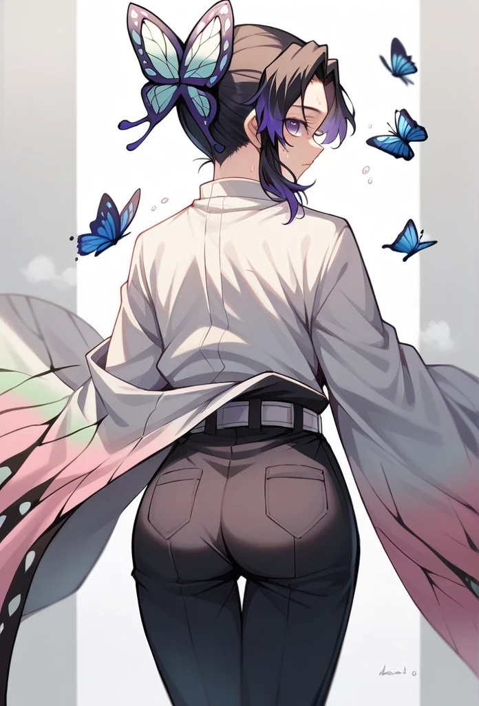 Score_9,score_8_up,score_7_up,score_6_up,score_5_up,score_4_up, shinobu kochou, animal print, black hair, butterfly, butterfly hair ornament, butterfly print, forehead, gradient hair, hair ornament, haori, multicolored hair, parted bangs, purple hair, short hair, two-tone hair,belt, black pants, butterfly print, coat, demon slayer uniform, haori, japanese clothes, pants, uniform, big ass, view from behind, sweaty 