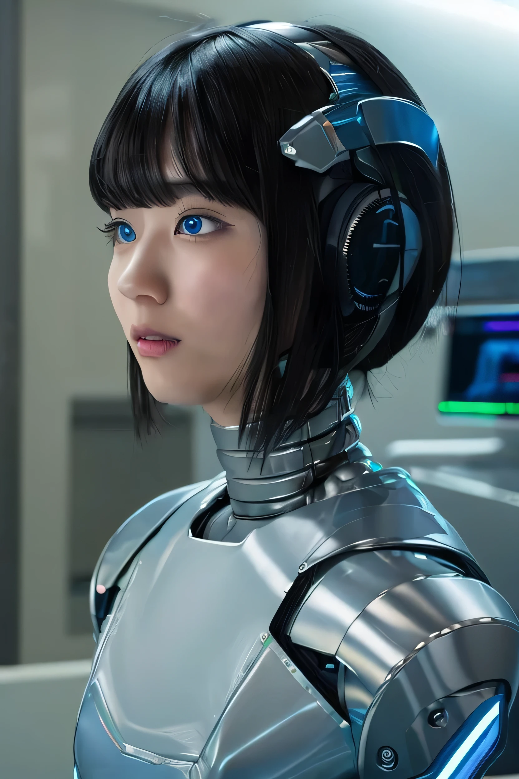 masterpiece, best quality, extremely detailed,  Japaese android girl,Plump , control panels,android,Droid,Mechanical Hand, Robot arms and legs, Black Robot Parts,Black hair,Mechanical body,Blunt bangs,White robotics parts,perfect robot girl,future information counter,reception,long tube,thick cable connected her neck,ceramic body ,mechanical body,mechanical costume,android,robot,humanoid,cyborg,information office,japanese android receptionist ,mechanical chest,blue eyes,office-lady