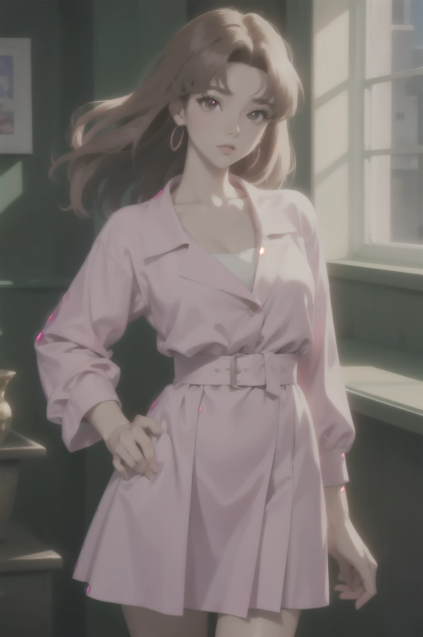 (masterpiece, Best Quality, high definition, High image quality, 8k), 90s anime style,  perfect anatomy,  perfect face,  Brown Eyes ,  long eyelashes ,  Pink Lips,  business suits ,  1 girl,  brunette-colored hair , Shift dress,  headband ,  pink dress, Black Silk, 赤い headband , Exterior, Artistic Creation and Description, 