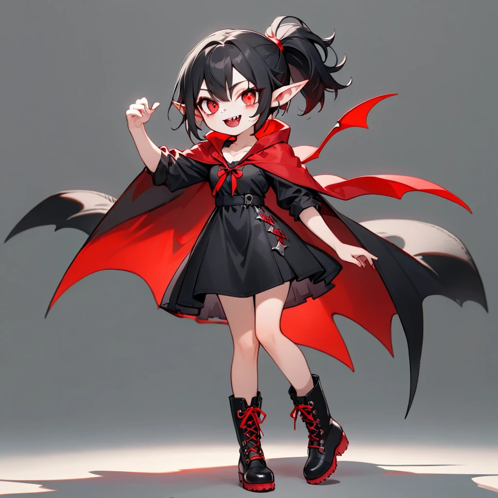 1 girl, solo, full body, (vampire fang), smile, black hair, short ponytail with red ribbons, red eyes, beautiful eyes, (snake pupils), pointy ears, black sundress with red cloak, high leather boots, simple background