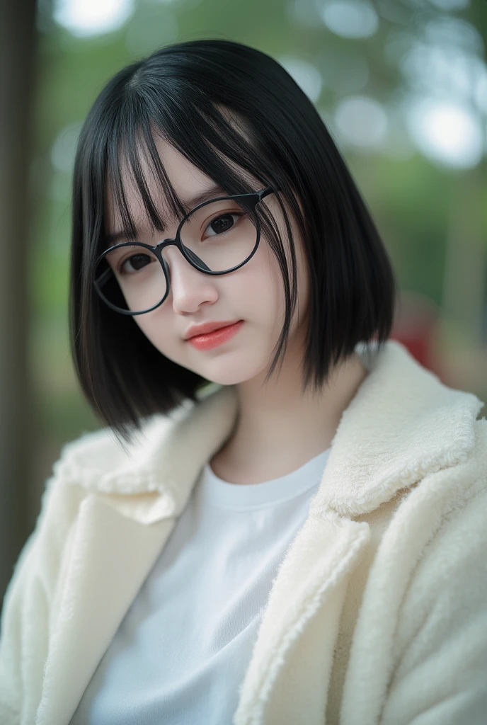 Top Quality, Masterpiece, Ultra High Definition, (Photorealistic: 1.4), (Look Off: 1.4), (Look Off: 1.4), No Look at Camera, Raw Photo, One Girl, Dark Hair, (Straight Bobs: 1.4), (Patsun: 1.4), Bangs, Glasses, Smile, Glossy Skin, Dramatic Lighting, Neat, T-Shirt, White Summer Sweater, (Big: 0.9), parks