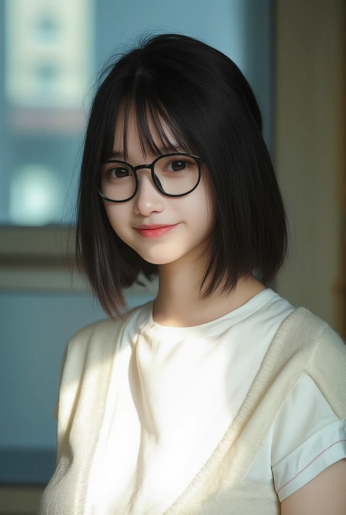 Top Quality, Masterpiece, Ultra High Definition, (Photorealistic: 1.4), (Look Off: 1.4), (Look Off: 1.4), No Look at Camera, Raw Photo, One Girl, Dark Hair, (Straight Bobs: 1.4), (Patsun: 1.4), Bangs, Glasses, Smile, Glossy Skin, Dramatic Lighting, Neat, T-Shirt, White Summer Sweater, (Big: 0.9), parks