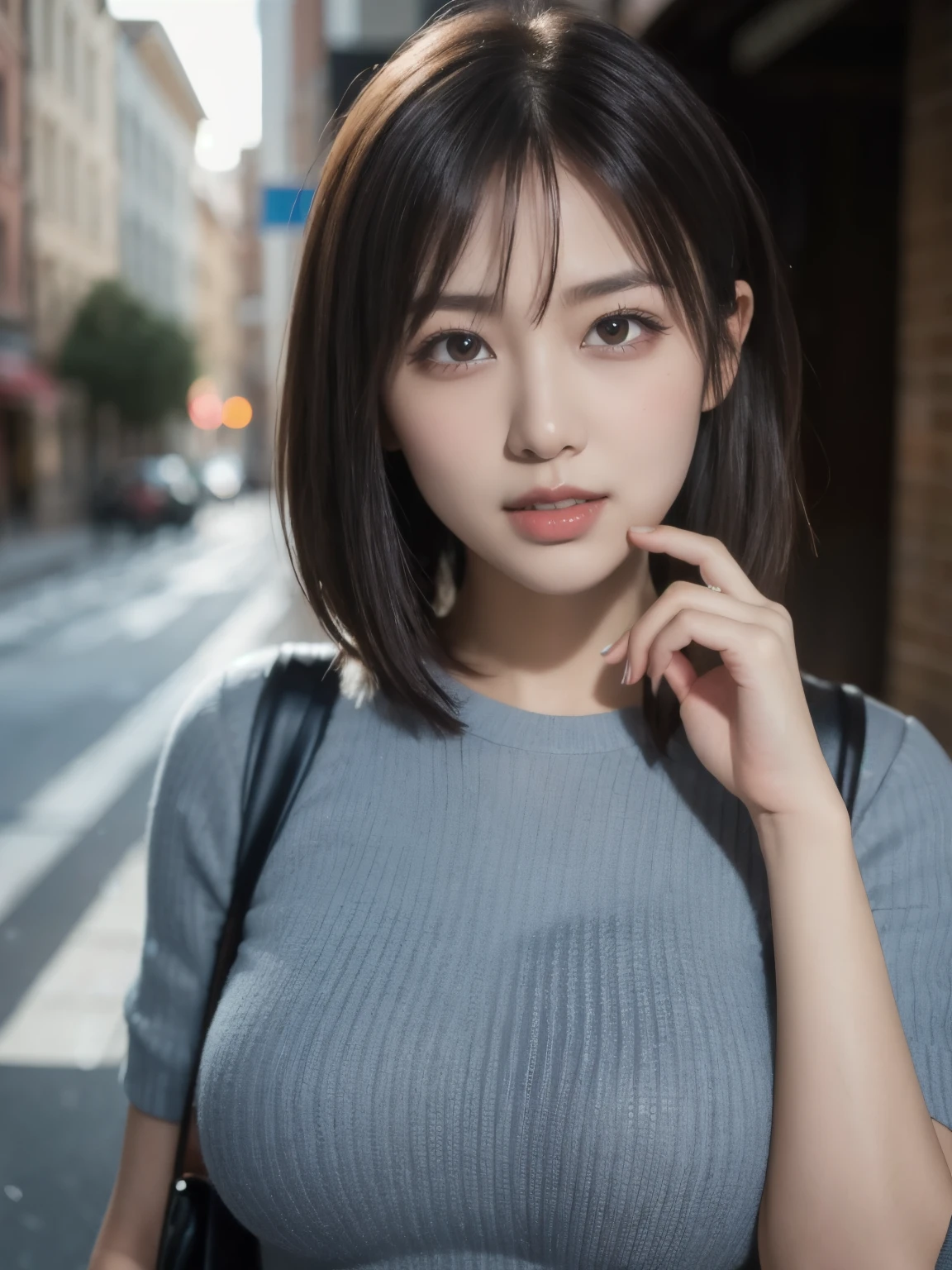 8k、Best Quality、Ultra Wide Angle Monofocal Lens 、(Representative Works:1.2)、( real)、( real:1.37)、One high school girl、Beautiful teeth alignment、Well-formed fingers、 very short hair、Around town、( cute plain clothes)、Big Breasts、 perfect body by Pubis、Gravure photoshoot、Perfect Fingers、Beautiful Skin、Professional Lighting、Face and skin detail、Microparticles、 RAW Photos