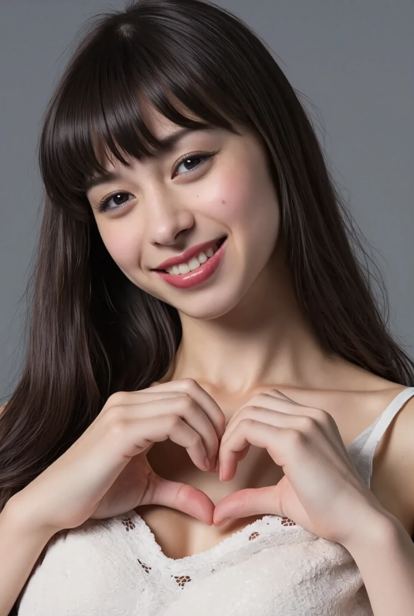 She is in a pose wearing a sexy camisole, making a firm big heart shape with both hands, and holding it in front of her chest, Cute smile up、Monotone background

