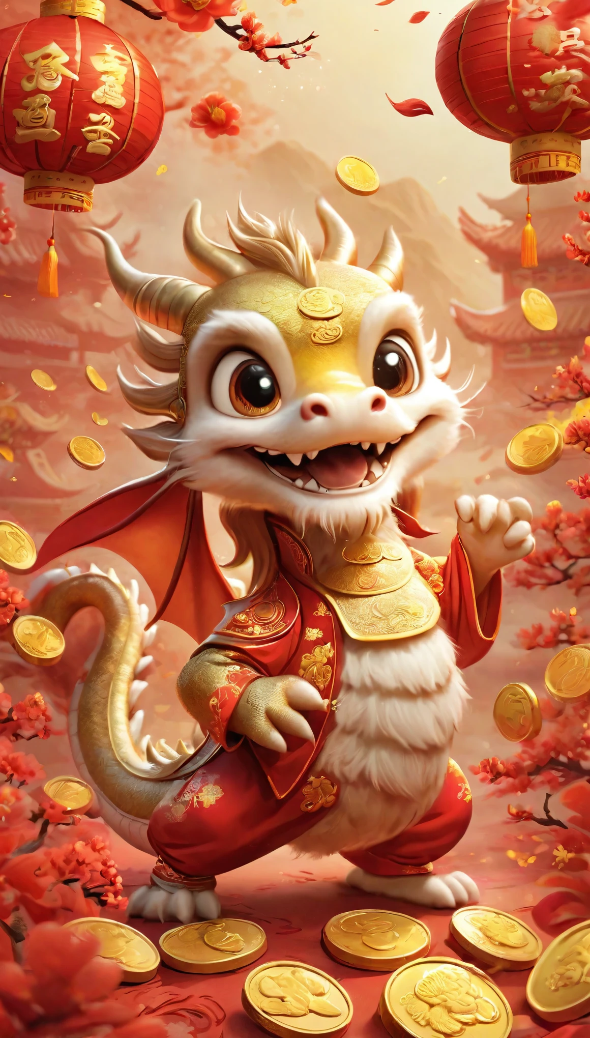 illustration style art。poster design：Chinese New Year is here，The cute little Chinese dragon is so happy，Funny，hairy，small clothes，long tail。Wow...many gold coins in the air。Chinese element background blur，
