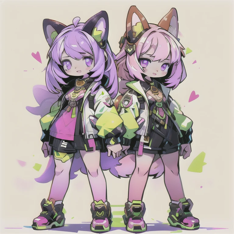  anime-style image of  (((Two girls with fox ears and purple eyes ))) And pink and yellow hair with an open mouth,  conceptual art  by Kamagurka, pixiv, hairy art,  full body commission for ,  feminine furry mini fluffy style , cute art style, em alta no artstation pixiv, moon themed outfit, symmetry!!  conceptual art , jazza e rossdraws,  high quality anime art style . white background.