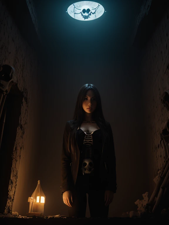 (best lighting, high contrast, clarity, dramatic), (Brunette girl next to a giant black skeleton, intrigue, human bones, blood on the walls). ultra realistic, excellent quality