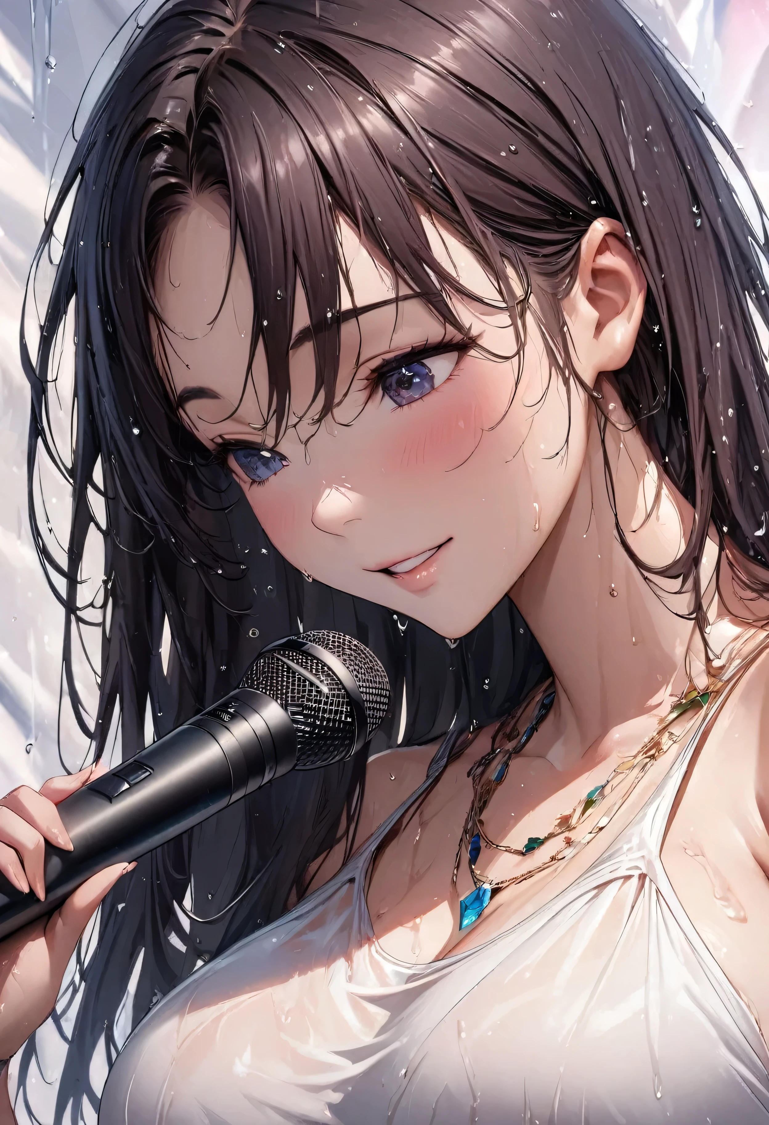 Beautiful girl 、Age 30、Best Quality、Ultra-precision、Detailed drawing、Jump with microphone、stage、Sharpness、shoulderless dress、Close to the body、Beautiful big boobs、 wet hair 、Vivid colors、A very ecstatic expression、Slender figure、 gemstone necklace 、Accurate depiction、 CG illustration、、 getting wet a lot due to sweat 、