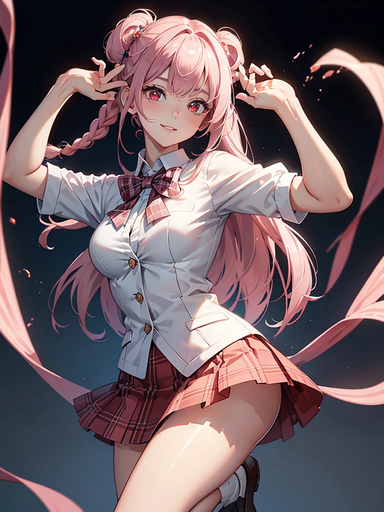 Pink haired goddess, wearing a white shirt and pink skirt, pink eyes, smiling beautifully, bellybutton visible