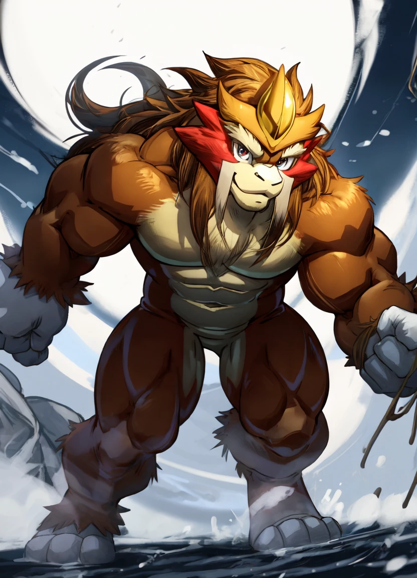 best quality,1boy,solo,muscular,hi res,8k hd, full body,((entei(pokemon),male)), red eyes,muscular, (soft shading), 4k, hi res, five fingers, detailed hands, ((detailed face, (detailed eyes:1.3), detailed)), (((full body))),show legs,show feet,(by maldu,metokuron:1.1), solo, looking at viewer, 1boy,dramantic muscle pose,((nude:1.7)), male focus, smile,white background