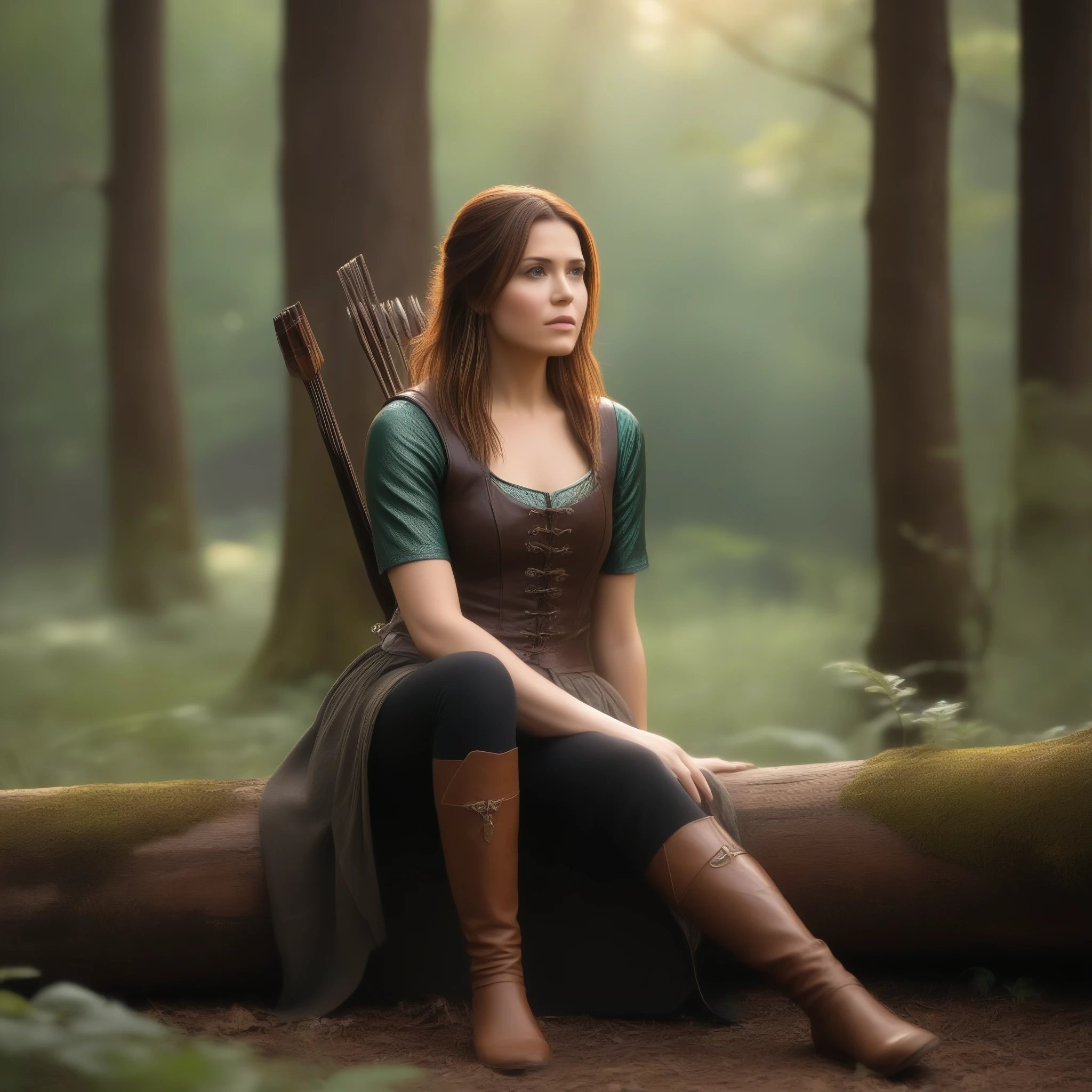 best quality, highres, 8k, masterpiece, photography, detailed midbody photorealistic portrait of Mandy Moore as Leliana from Dragon Age, perched on a forest clearing log, gazing out thoughtfully while tuning a lute. Her auburn hair falls loosely around her shoulders, capturing the sun’s warm glow. She wears a ranger-style outfit with muted green and brown leather armor, decorated with subtle religious symbols. A quiver of arrows rests beside her as she sits peacefully among wildflowers. 40 years old, (real skin texture: 1.3), (slender figure: 1.1), six-pack abs, (Immersive Ambience, Chiaroscuro: 1.5, Dim Light: 1.2, Glow Lighting), (Bokeh: 1.5), Blurred, high contrast, (Fuji colours: 1.5), film grain