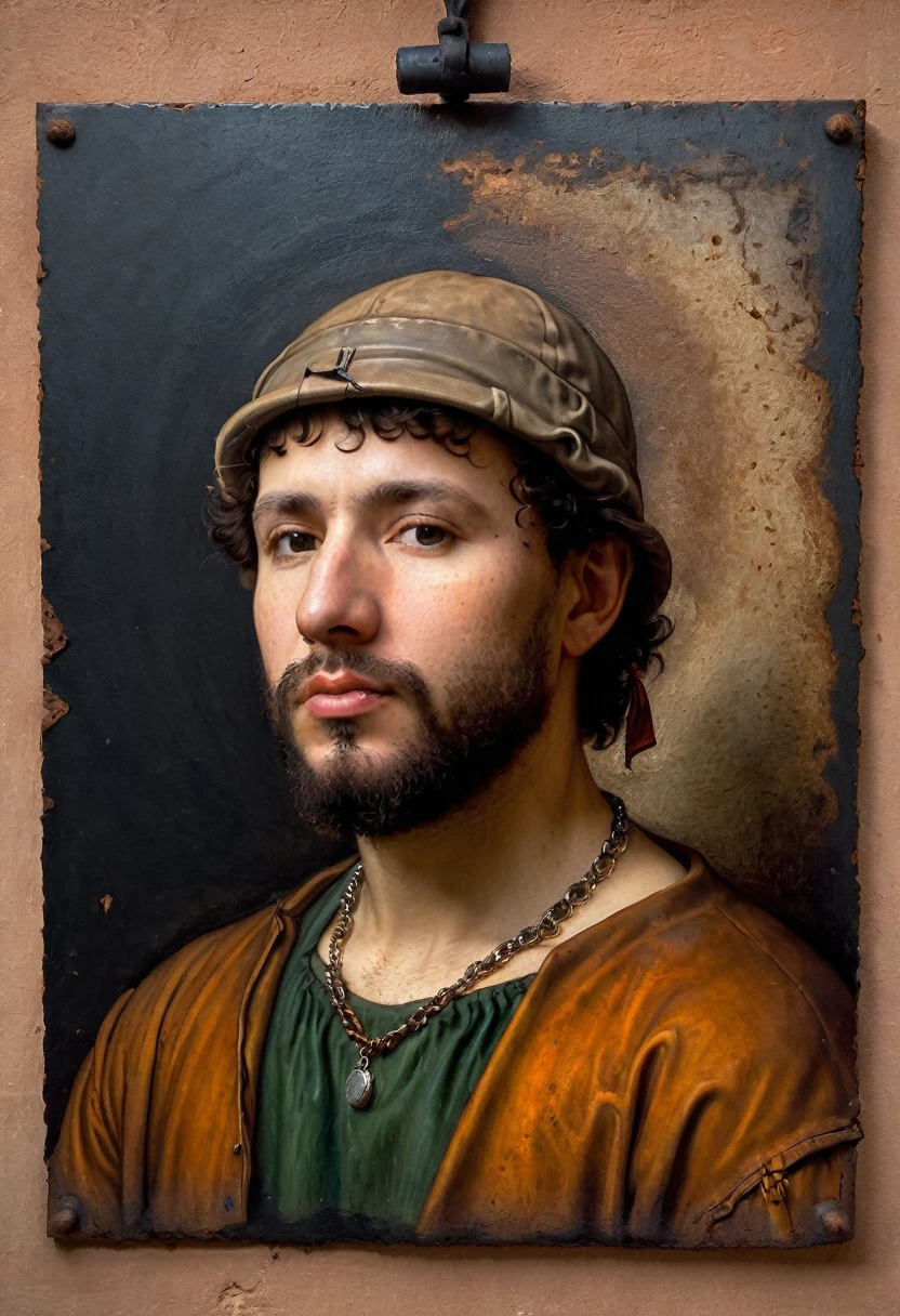 painting of a man wearing a hat and necklace on a sheet of rusty metal, with cuts in the background joined by rustic welding , inspired by Giorgione , In Rembrandt style , inspired by Adriaen Is Messinaenbrant , inspired by Robert Campin , inspired by Mariotto Albertinelli, portrait in the style of Craola , inspired by Giovanni Bellini, inspired by Antonello da