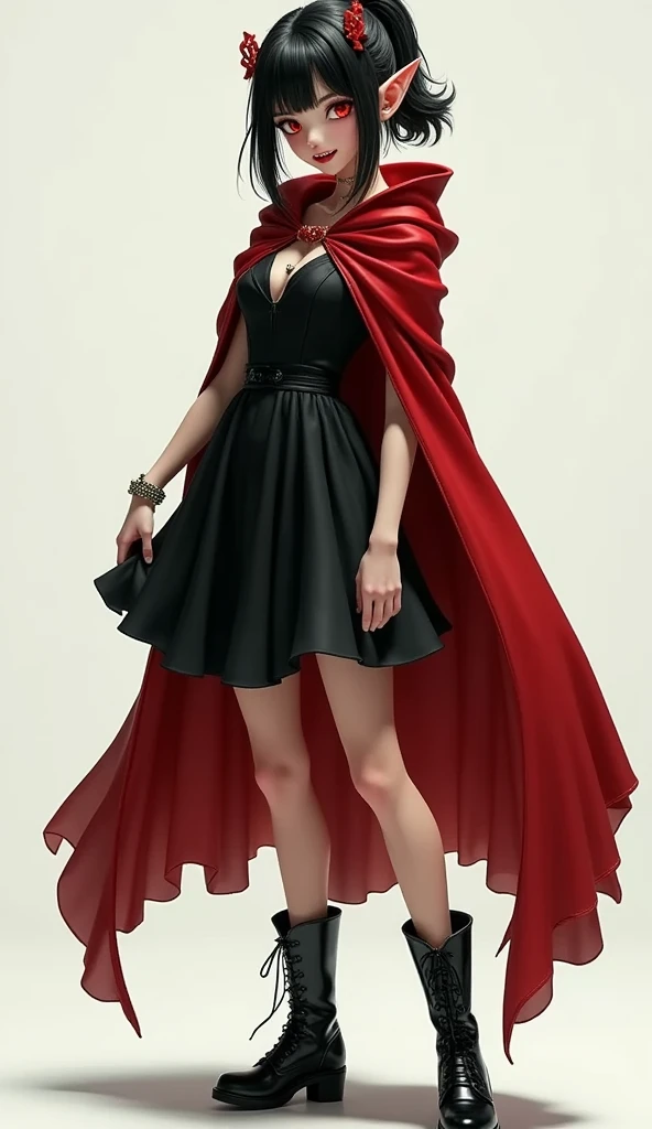 1 girl, solo, full body, (vampire fang), smile, black hair, short ponytail with red ribbons, red eyes, beautiful eyes, (snake pupils), pointy ears, black sundress with red cloak, high leather boots, simple background