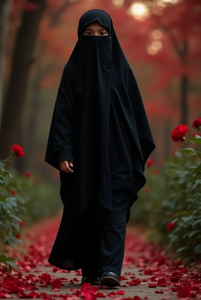 Irani girl , chadar, , , abaya hairs hide , face hide , full body cover with black aba, full picture back side , wallpaper colorful trees