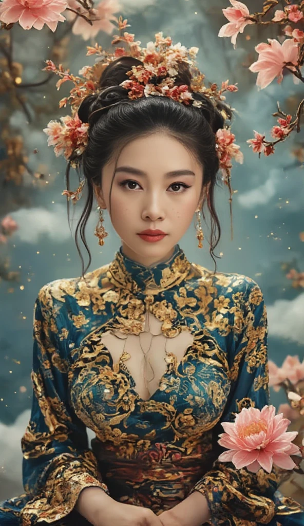 ( masterpiece ,  best quality:1.2), 1 Girl, Mori Xuehui ,  Dale Chihuly,  fashion magazine cover, Wallop,  Alphonse Mucha, Xiao Rongcheng,  Mineral Pigment Digital Painting ,  textured matte,   Dark Fantasies  ,  New 3D Ancient Chinese Style ,  William Morris ,  Joseph Frank ,  Image of a Azalea with earrings in the clouds,  Realistic yet Romantic Style , Fairy Tale Core,  Black Painting ,  Baroque Elegance , 32K Ultra HD,  Extravagant Facial Features ,  Chinese Style Lighting , 3D particles,  Gustav Klimt , Sequins,  bioluminescence , Glowing particles, James Turrell , Nick Vesey, Ultra-high-definition pixels, whole body, Film Grain