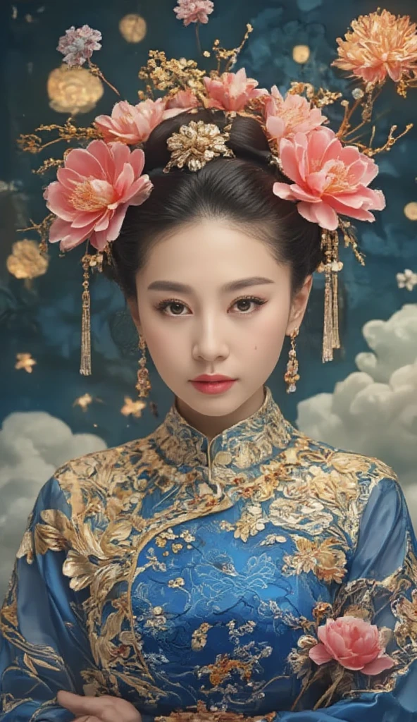 ( masterpiece ,  best quality:1.2), 1 Girl, Mori Xuehui ,  Dale Chihuly,  fashion magazine cover, Wallop,  Alphonse Mucha, Xiao Rongcheng,  Mineral Pigment Digital Painting ,  textured matte,   Dark Fantasies  ,  New 3D Ancient Chinese Style ,  William Morris ,  Joseph Frank ,  Image of a Azalea with earrings in the clouds,  Realistic yet Romantic Style , Fairy Tale Core,  Black Painting ,  Baroque Elegance , 32K Ultra HD,  Extravagant Facial Features ,  Chinese Style Lighting , 3D particles,  Gustav Klimt , Sequins,  bioluminescence , Glowing particles, James Turrell , Nick Vesey, Ultra-high-definition pixels, whole body, Film Grain