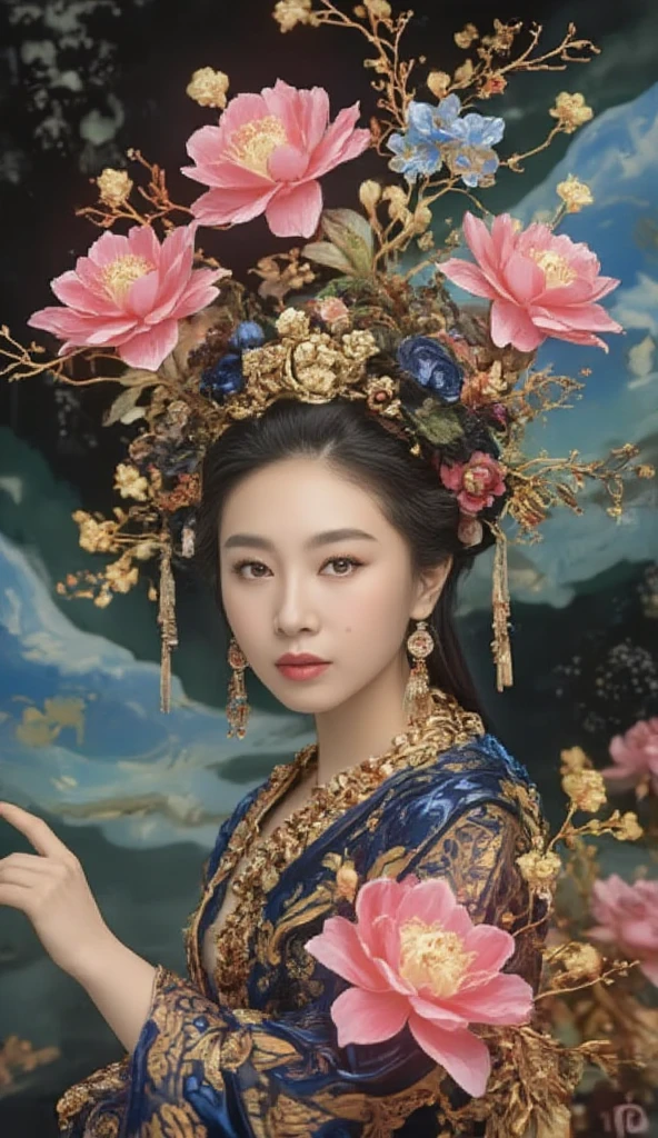 ( masterpiece ,  best quality:1.2), 1 Girl, Mori Xuehui ,  Dale Chihuly,  fashion magazine cover, Wallop,  Alphonse Mucha, Xiao Rongcheng,  Mineral Pigment Digital Painting ,  textured matte,   Dark Fantasies  ,  New 3D Ancient Chinese Style ,  William Morris ,  Joseph Frank ,  Image of a Azalea with earrings in the clouds,  Realistic yet Romantic Style , Fairy Tale Core,  Black Painting ,  Baroque Elegance , 32K Ultra HD,  Extravagant Facial Features ,  Chinese Style Lighting , 3D particles,  Gustav Klimt , Sequins,  bioluminescence , Glowing particles, James Turrell , Nick Vesey, Ultra-high-definition pixels, whole body, Film Grain